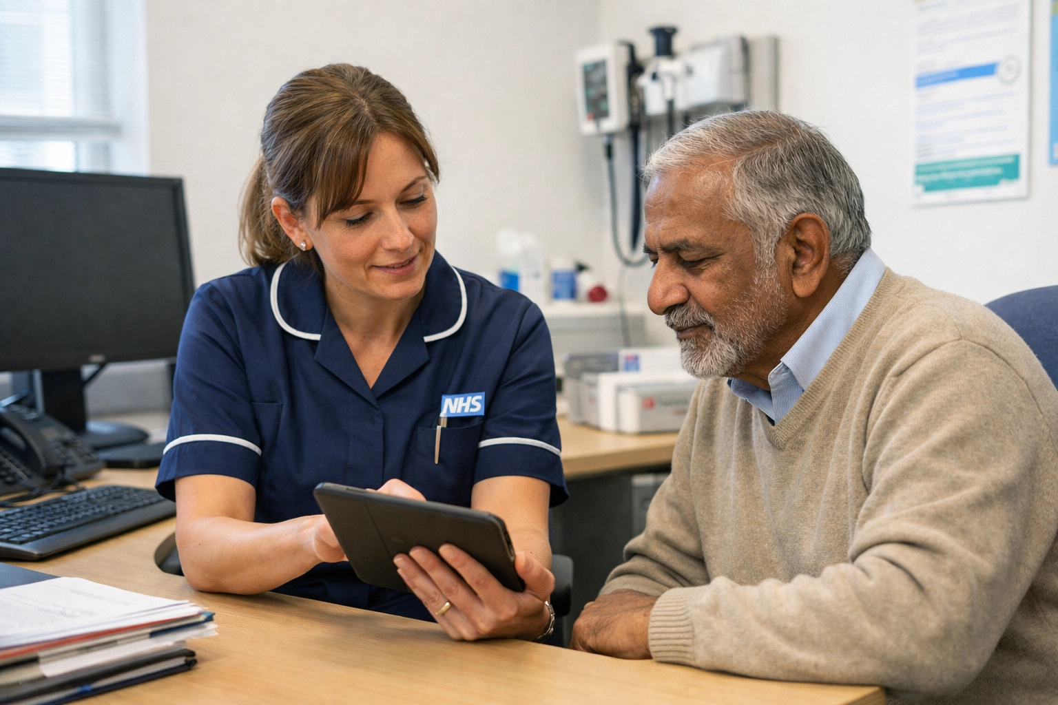 An NHS nurse and patient discussing a respiratory care pathway in a community health centre.