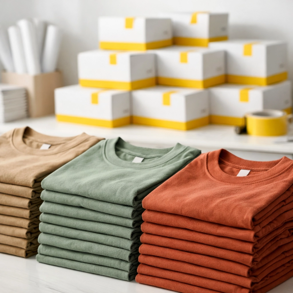 Large bulk order of folded earth-tone camp shirts in sage and tan arranged in a modern studio.