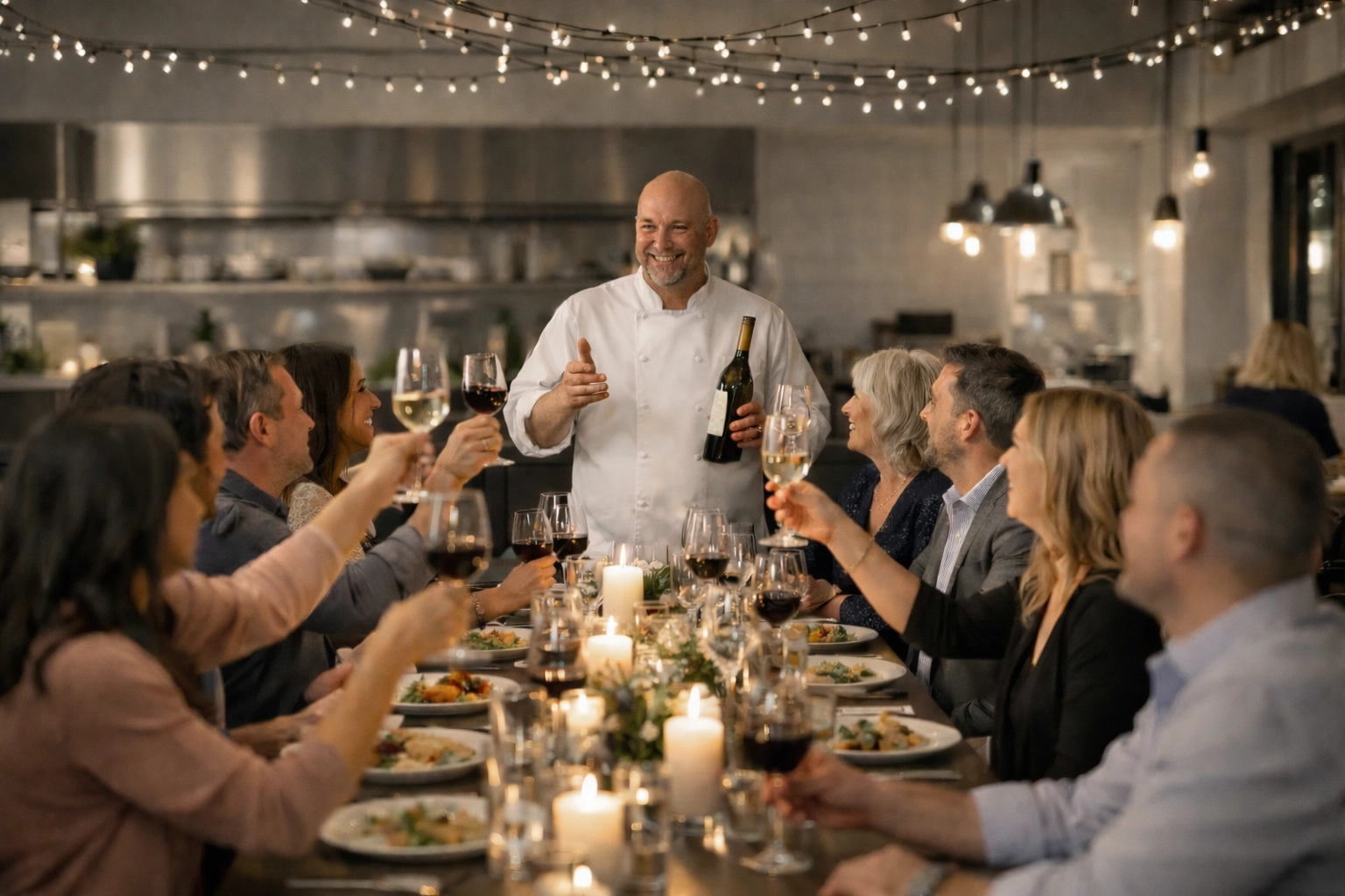 Guests toasting at community dining event with chef presenting at restaurant table