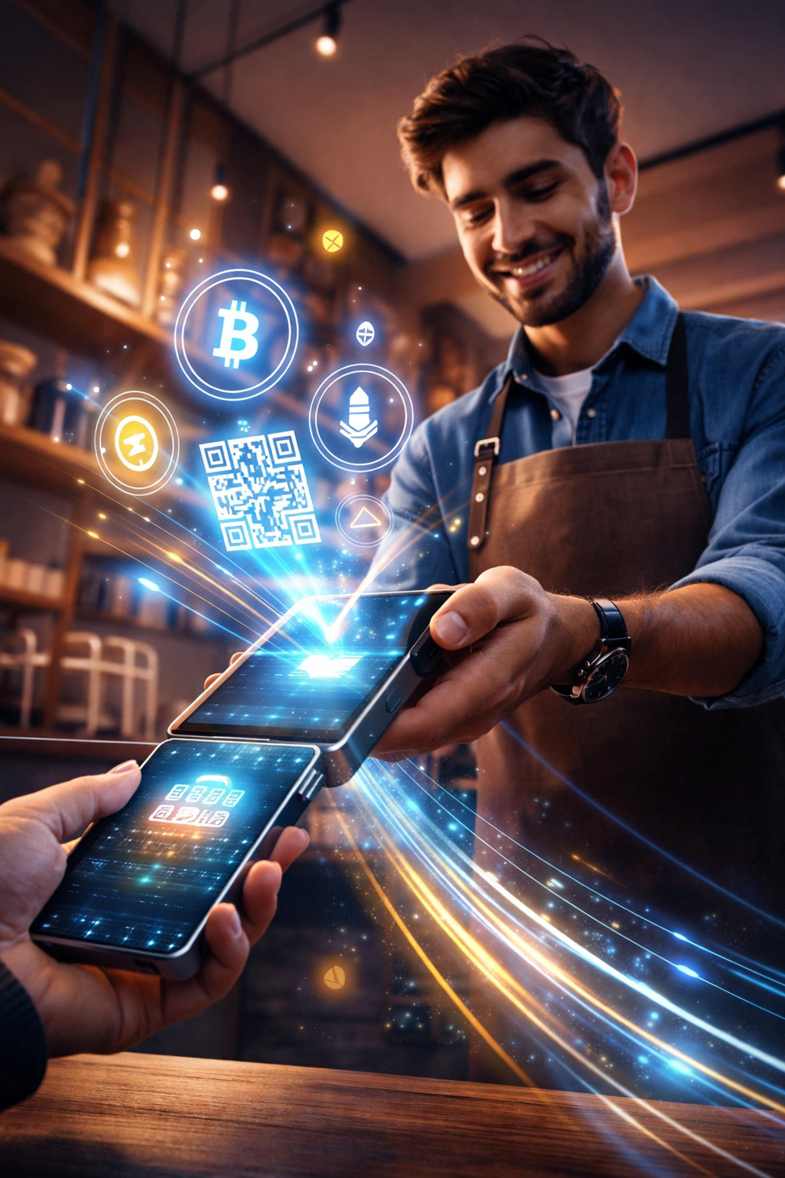 Merchant using smartphone crypto POS system with QR codes for Web3 payments, accepting LARE, LUSD, and major cryptocurrencies