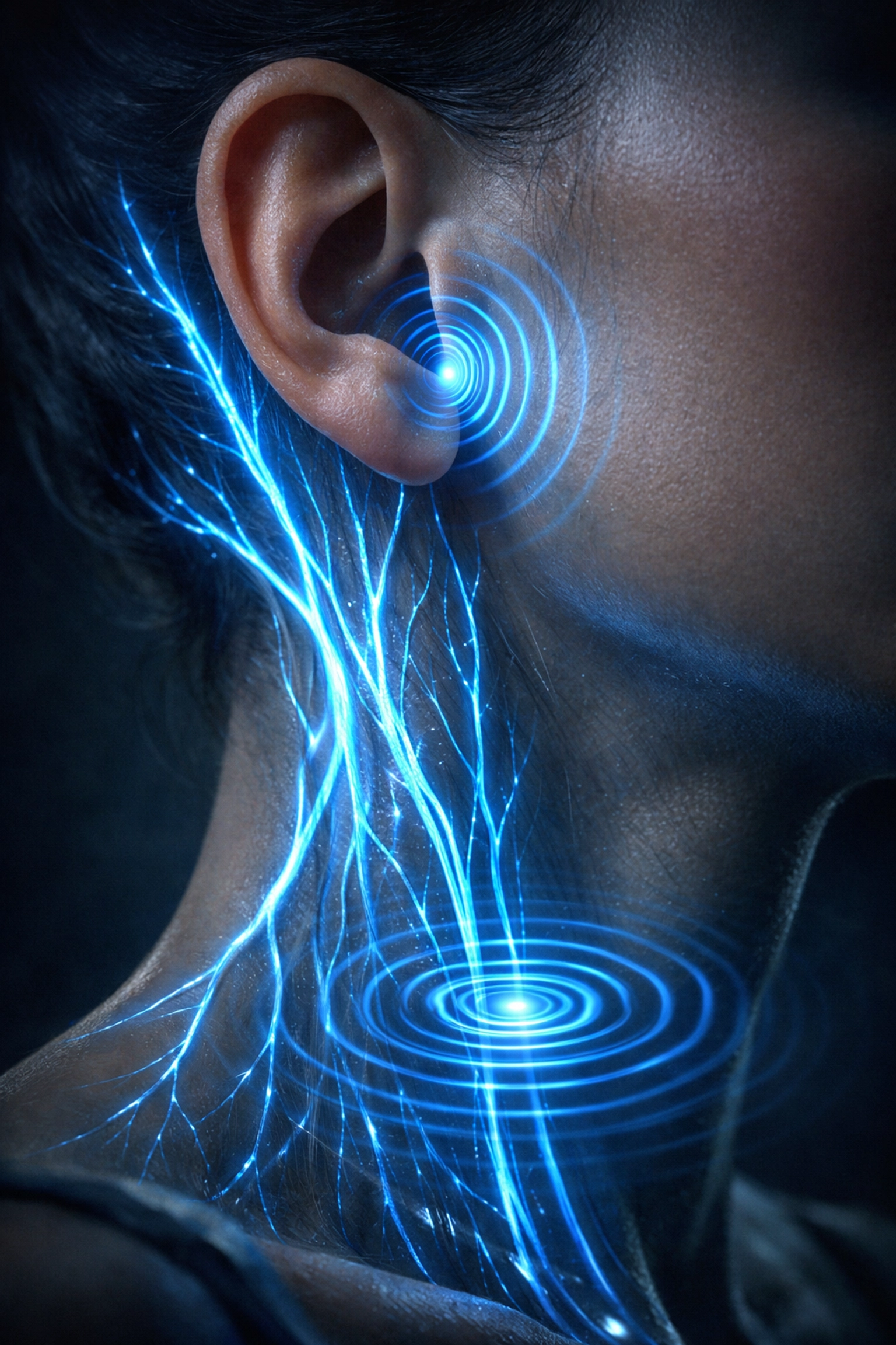 Anatomy of the vagus nerve showing neural pathways in the ear and throat stimulated by massage.
