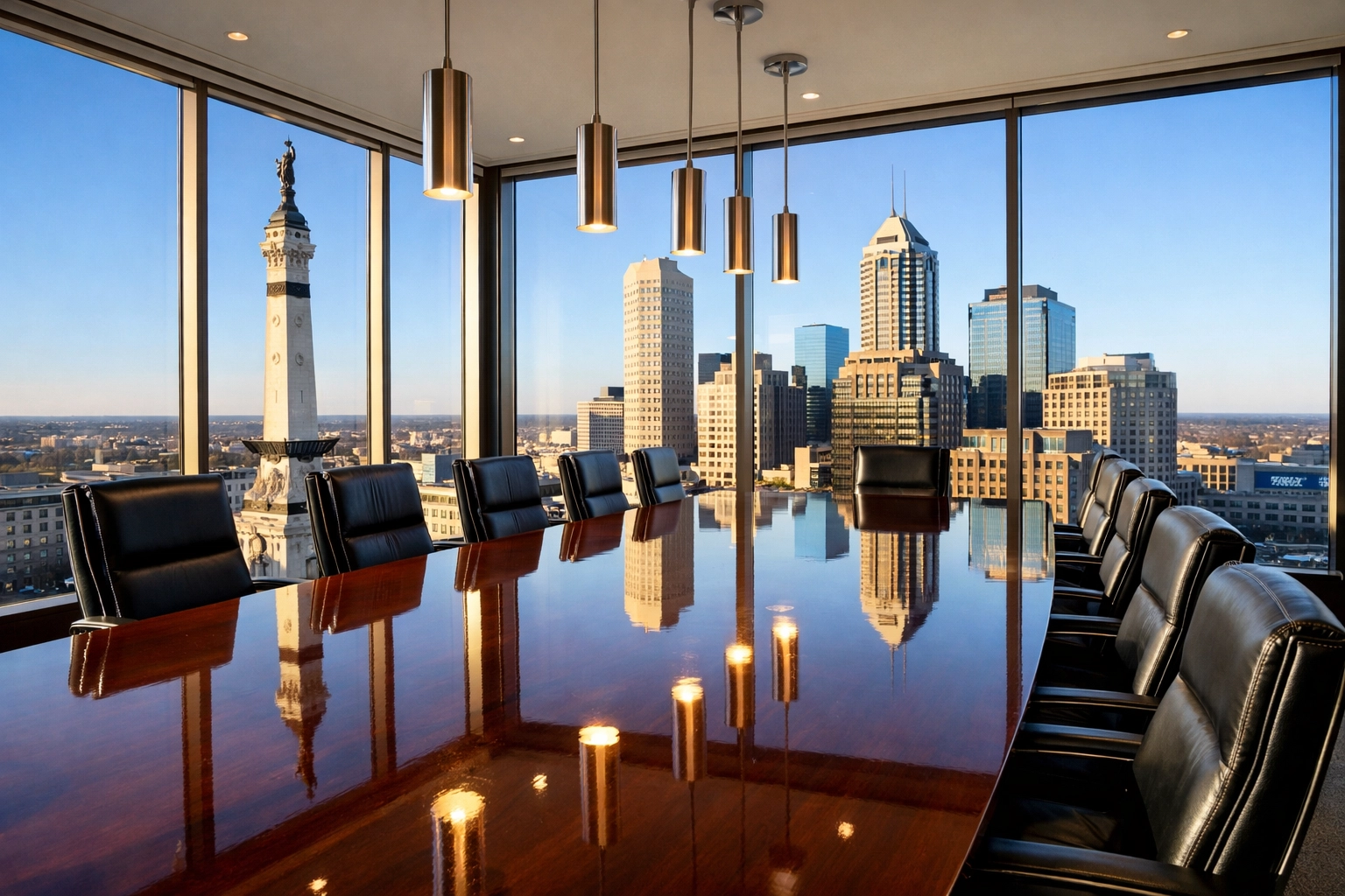 Modern Indianapolis corporate conference room with a clean glass table overlooking the downtown skyline.
