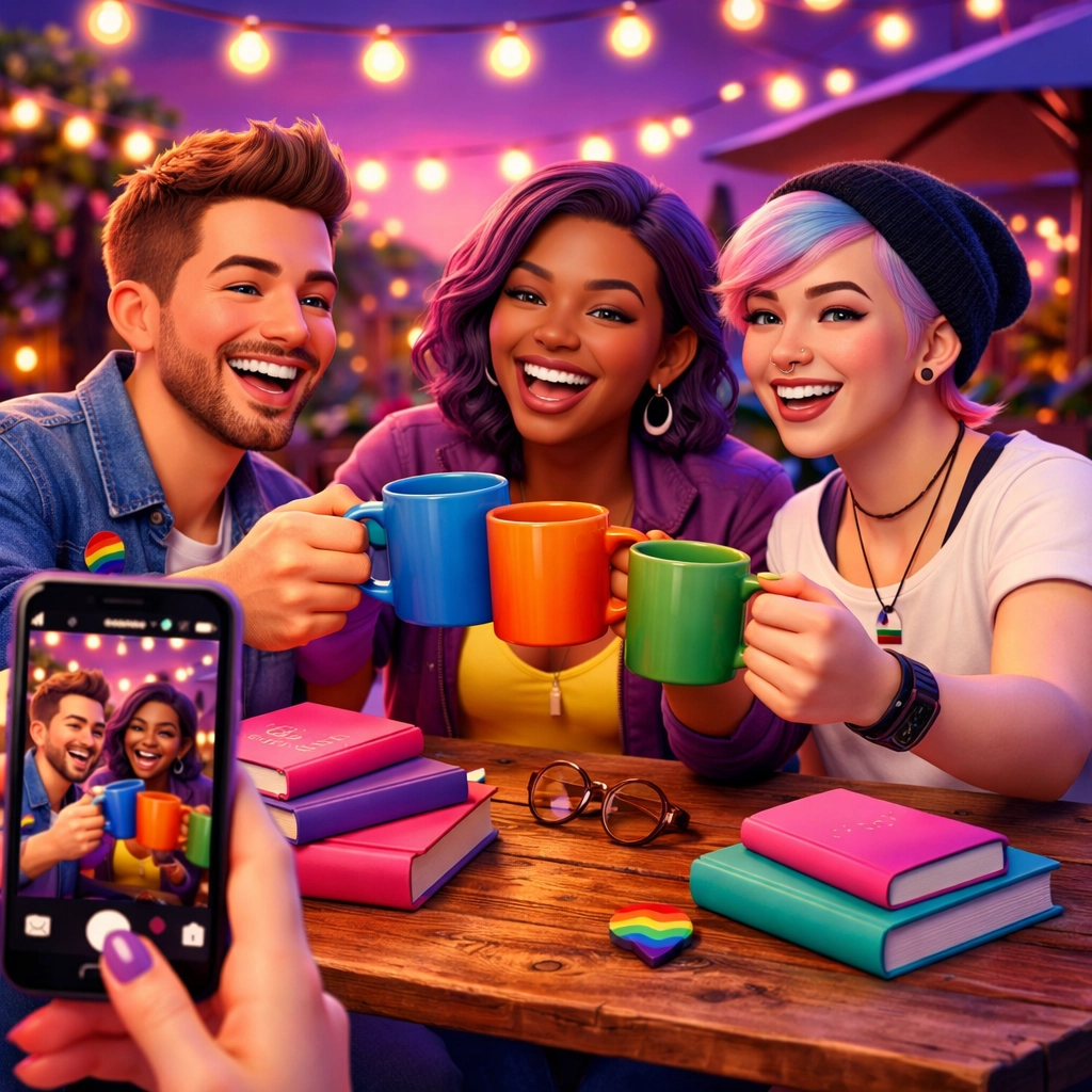Queer friends at a cafe sharing gay eBooks and community joy for an LGBTQ+ book club.