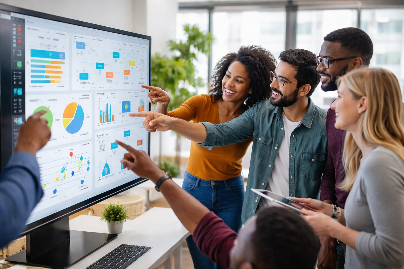 Team of IT professionals collaborating on data visualization charts, representing strategic metadata management in ServiceNow architecture