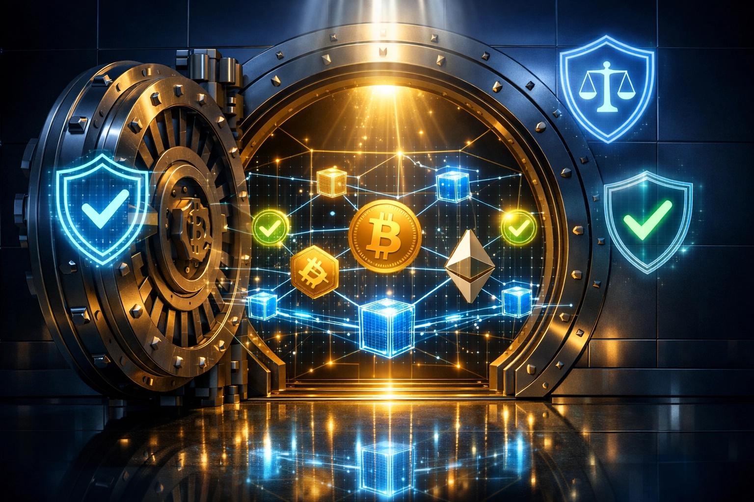 Secure blockchain vault with compliance checkmarks showing regulation-ready Web3 payment infrastructure