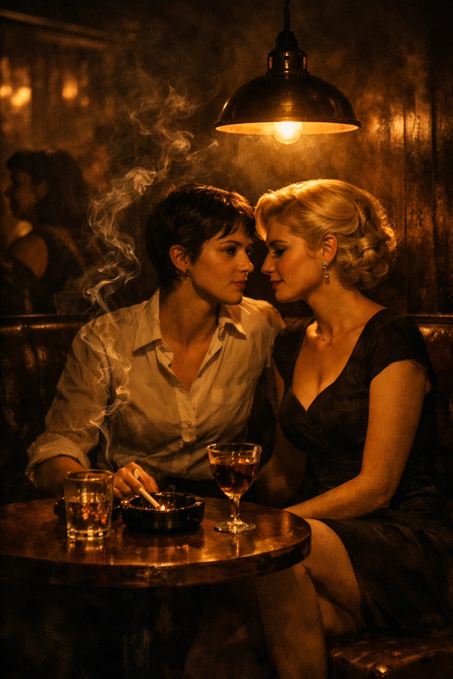 Two women in 1960s Greenwich Village lesbian bar depicting pulp fiction era