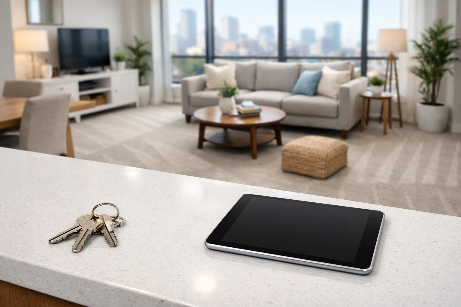 Spotless living room with fresh vacuum lines and keys ready for a property manager walkthrough.