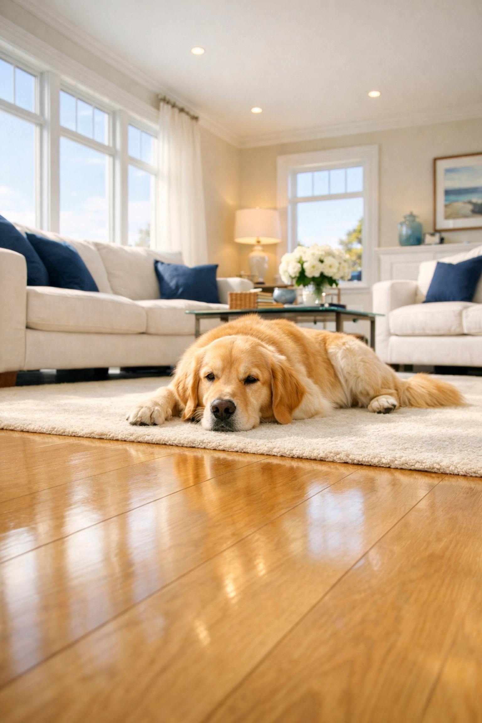 Weekly house cleaning in Mashpee keeps coastal living rooms and carpets free of pet dander and allergens.