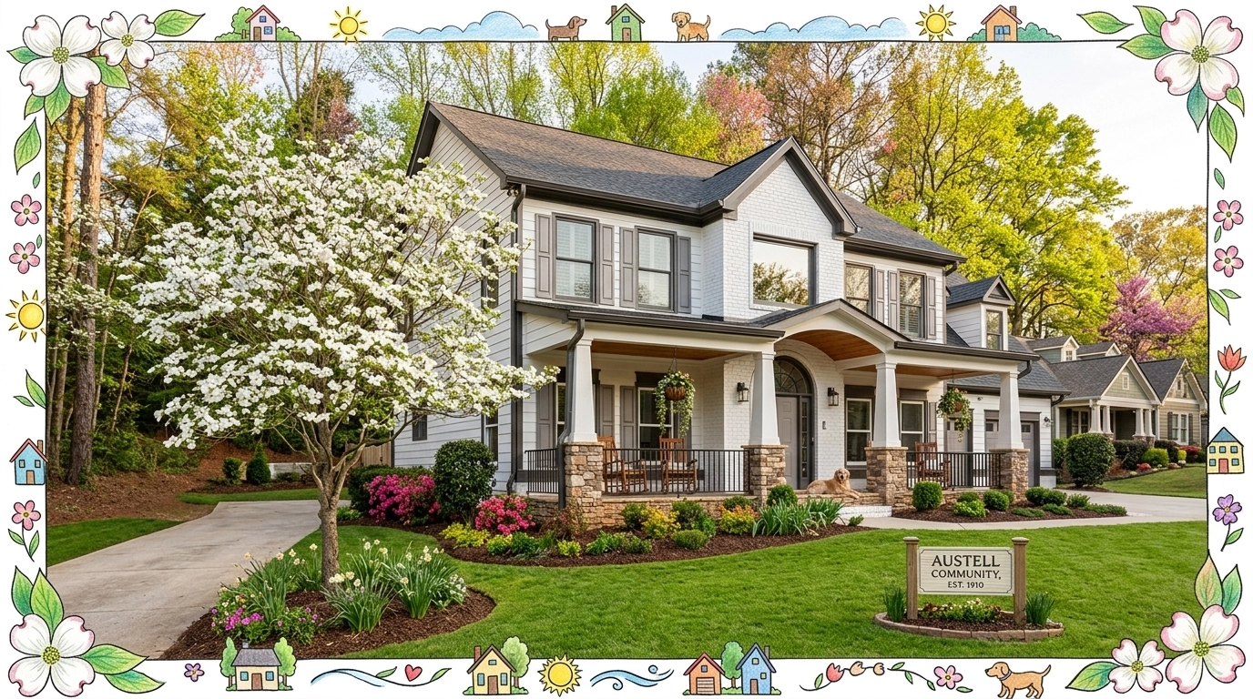 A charming, traditional craftsman-style home in an Austell, Georgia neighborhood. The home has a large front porch, a well-manicured lawn, and a flowering dogwood tree. The scene highlights community spirit and suburban lifestyle. Professional, high-resolution photo with natural lighting. Bordered by playful, colorful, hand-drawn frame accents.