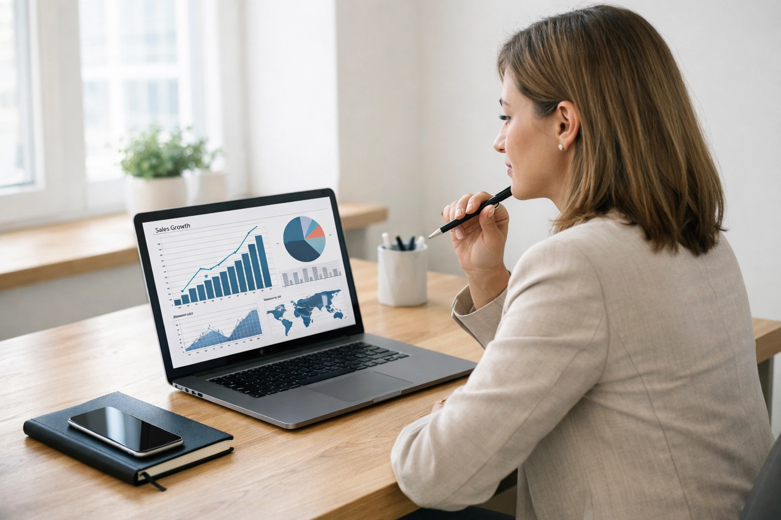 Business professional analyzing data and growth charts to maximize ServiceNow ROI and optimize platform costs.