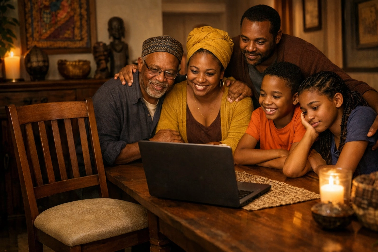 Family separated by travel ban connecting via video call with empty chair