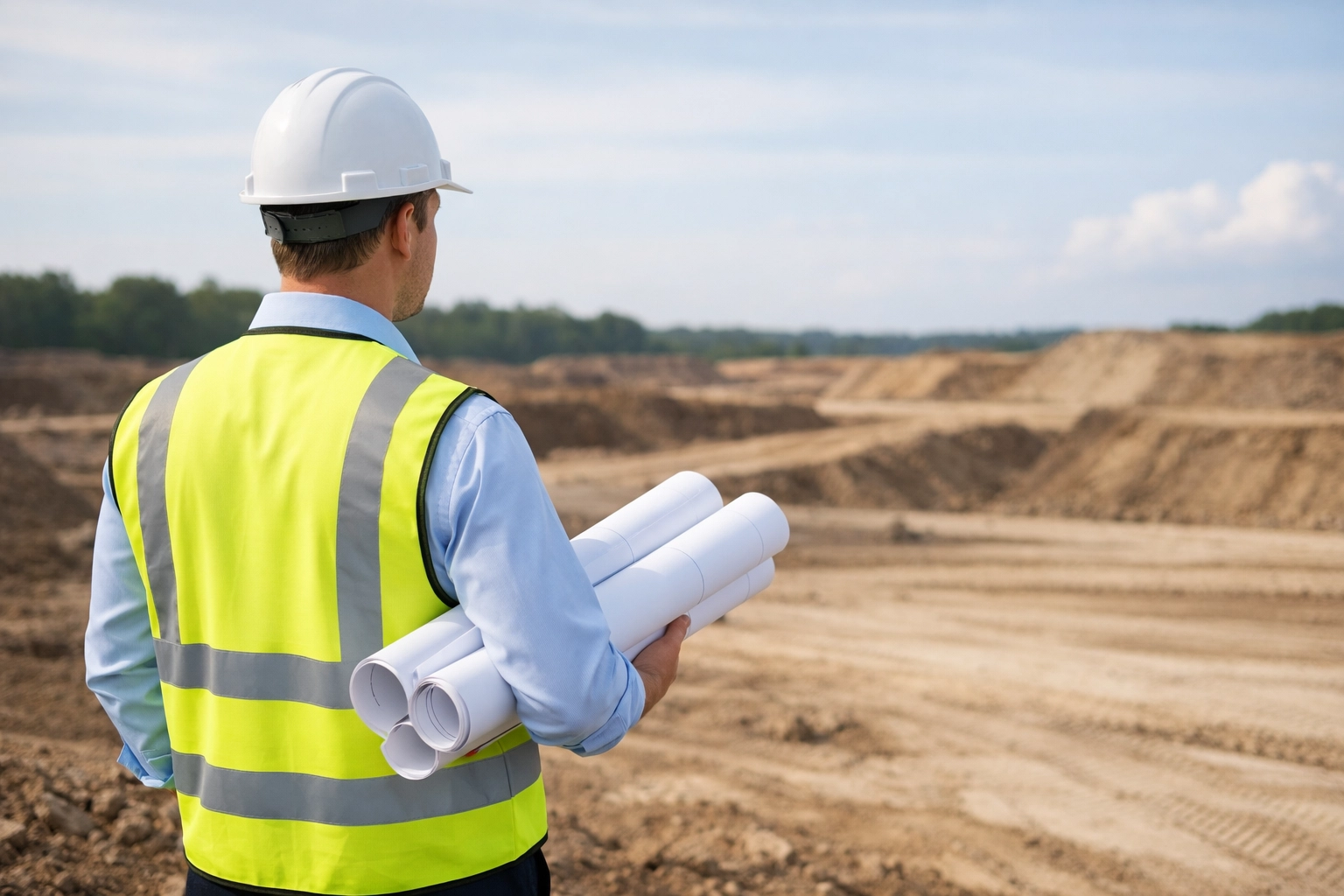 Construction professional reviewing rolled plans at an empty site during acquisition due diligence.