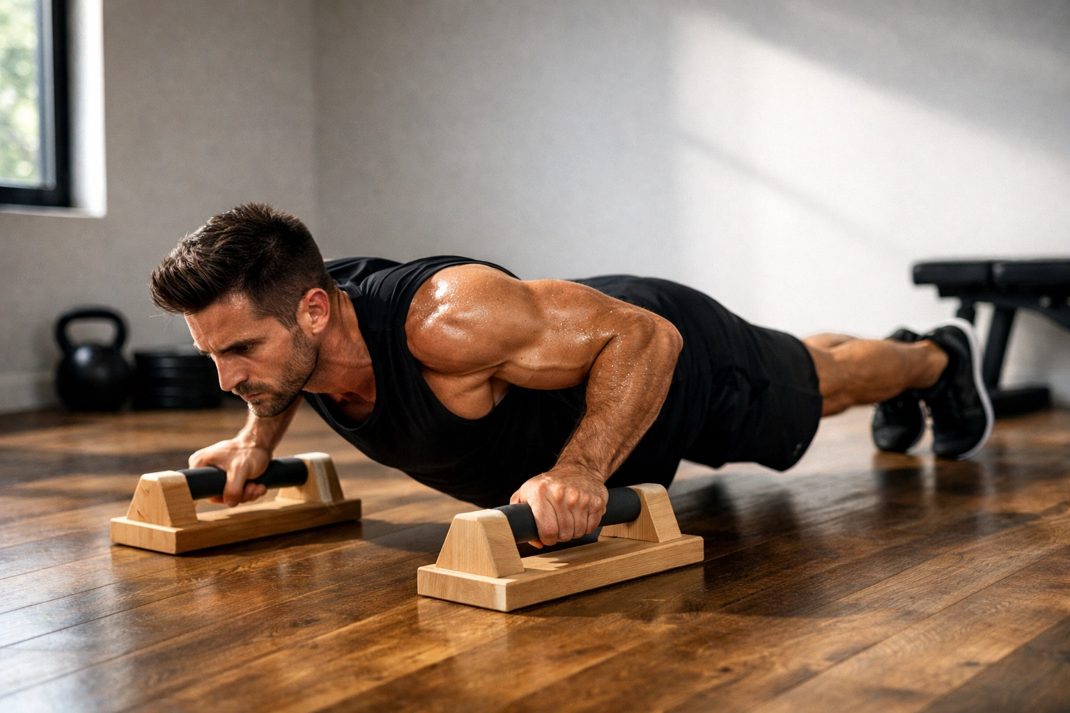Athlete performing deficit push-up with elevated hands for advanced bodyweight training at home