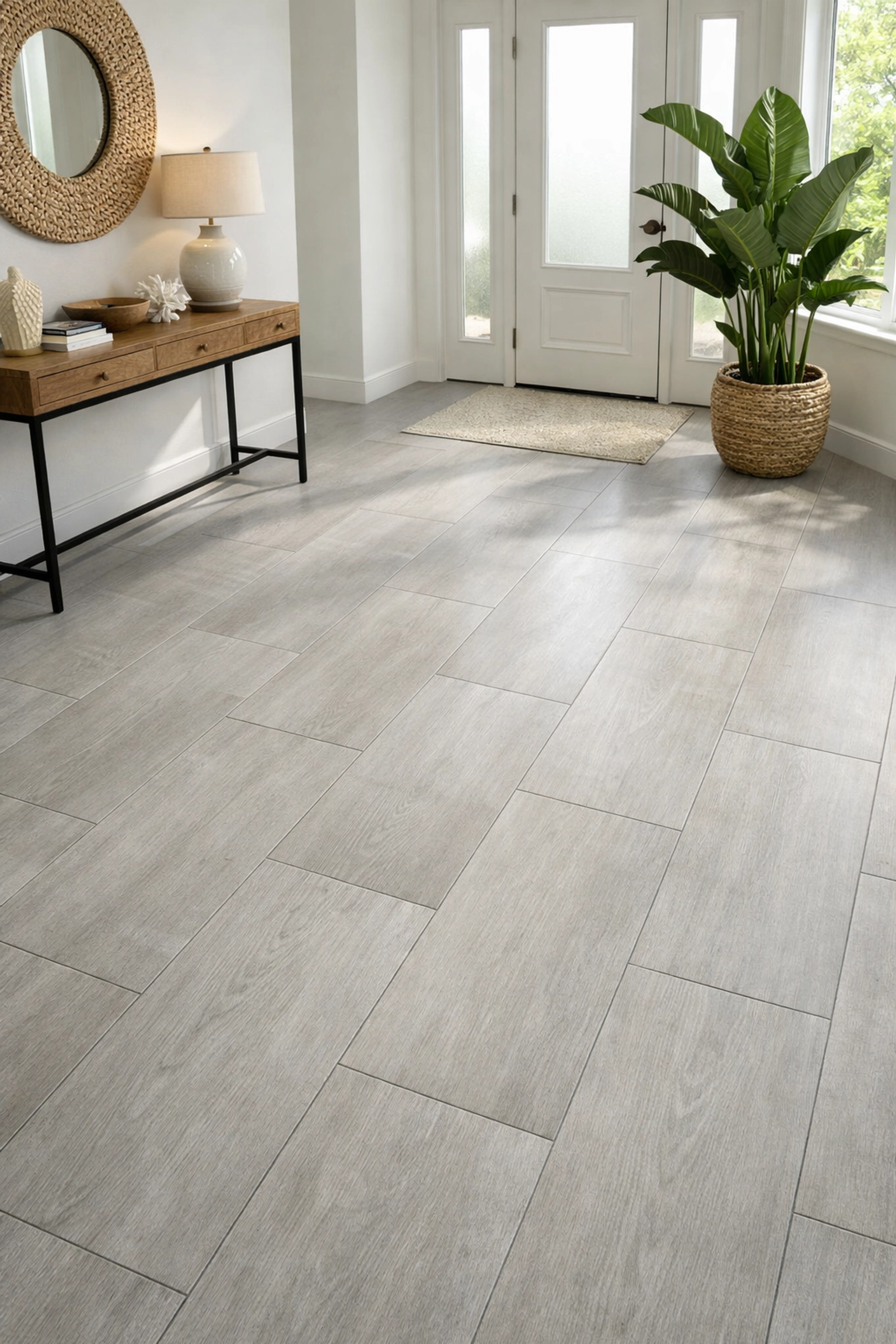 Modern porcelain tile flooring installation in Florida home entryway with large-format gray tiles