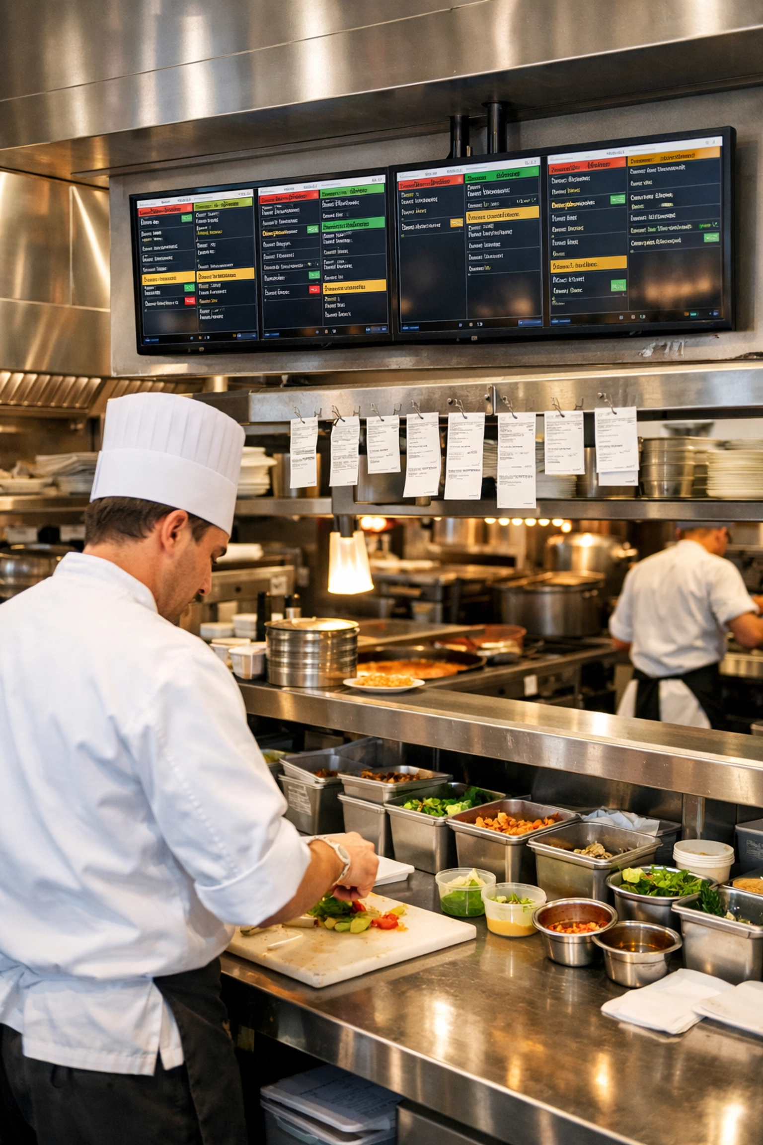 Kitchen display system showing orders in busy restaurant kitchen during lunch rush