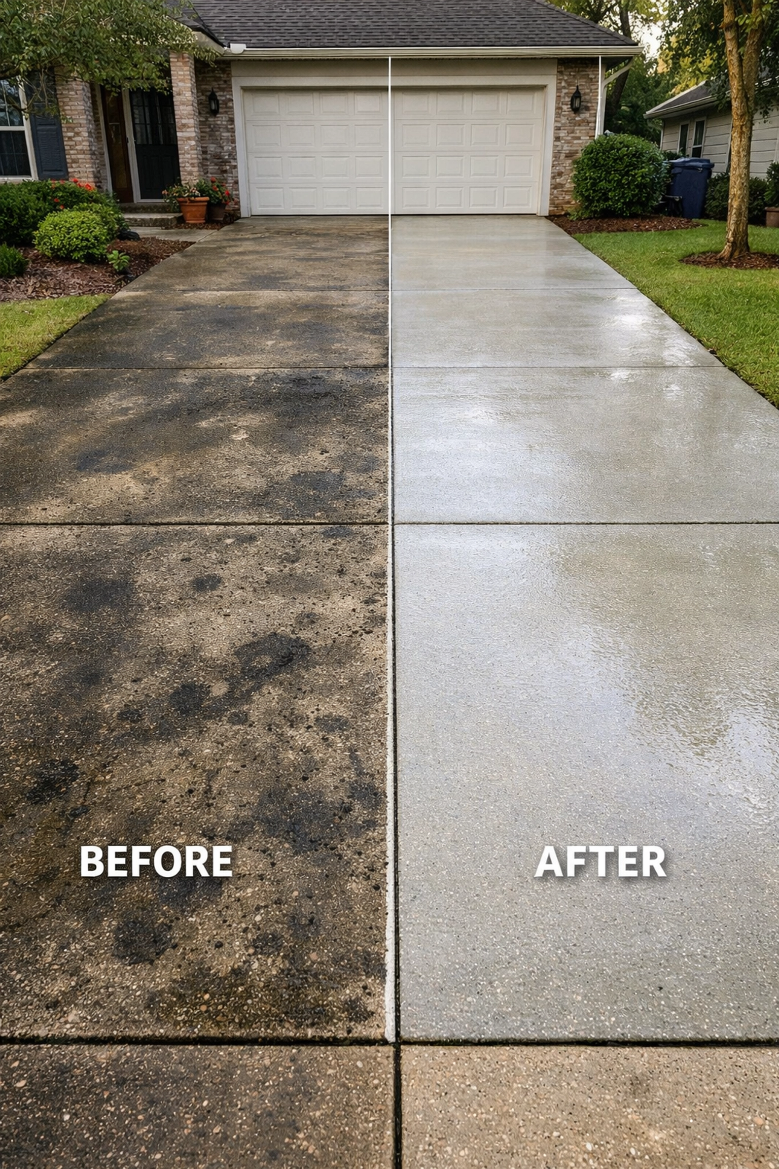 Before and after pressure washing concrete driveway removing stains in Gainesville