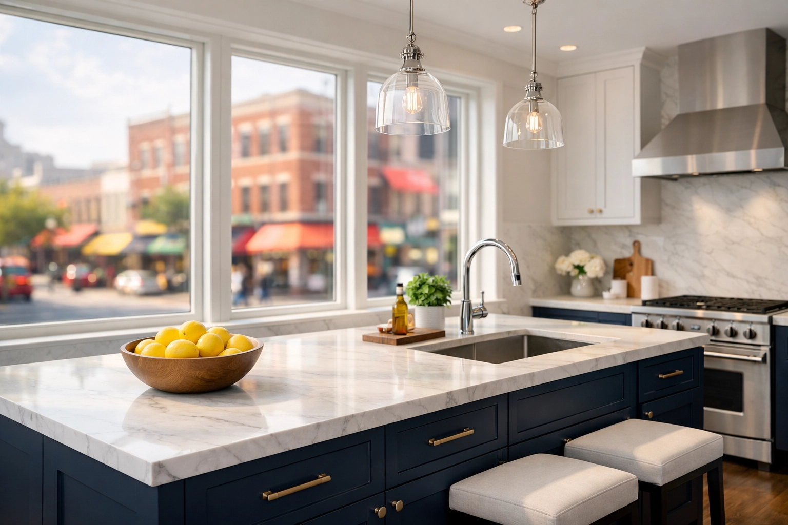 Sun-drenched kitchen with marble counters after professional maid services Worcester.