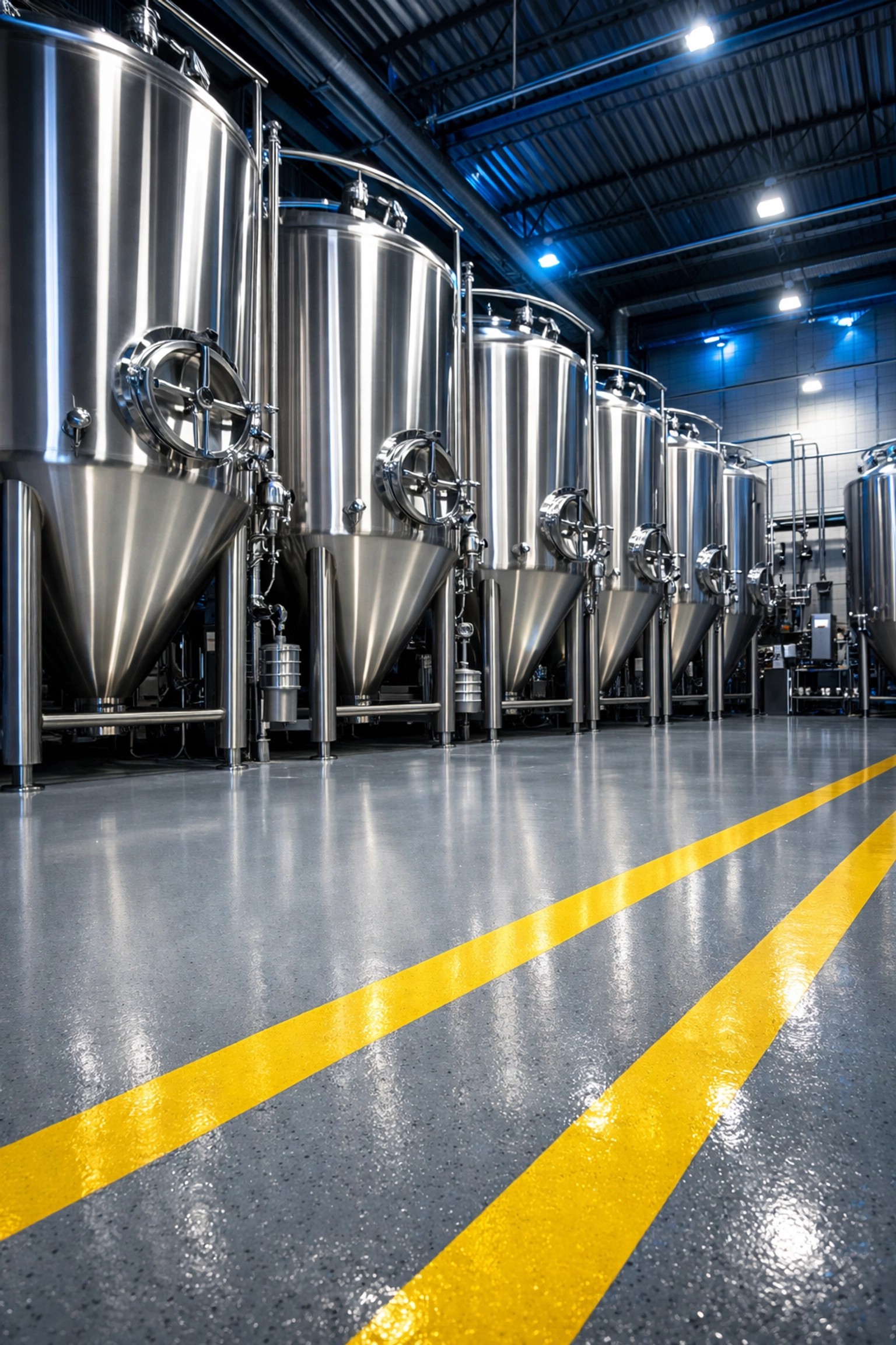 Sanitized brewery production area with polished stainless steel tanks and clean, industrial epoxy flooring.