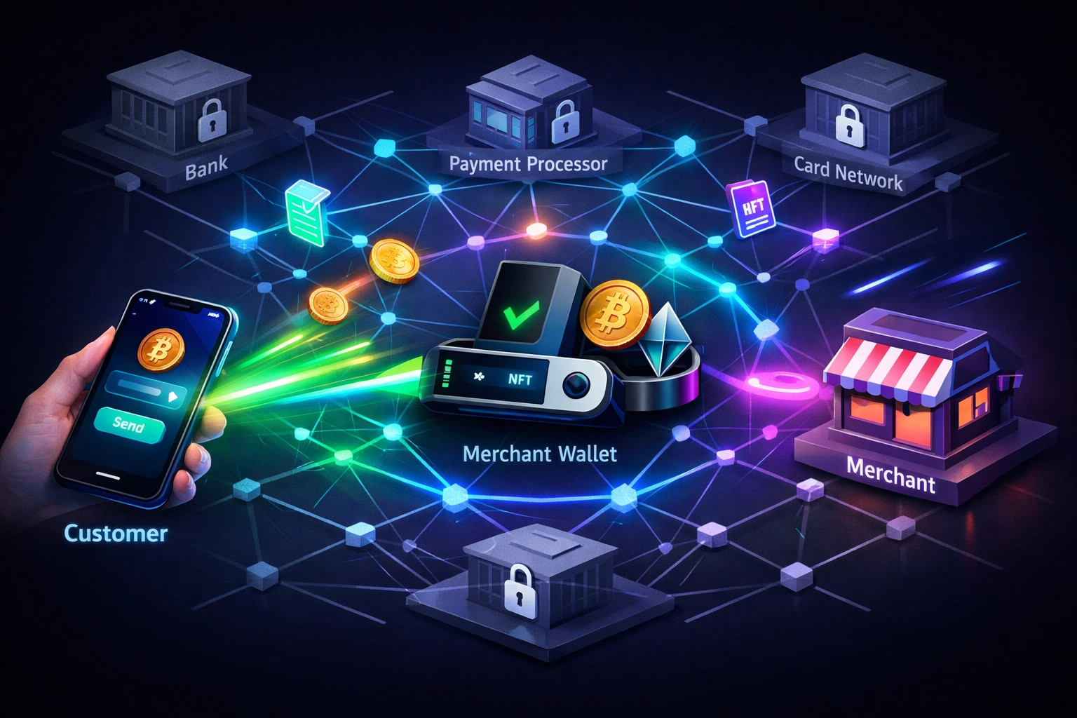 Decentralized crypto payment flow from customer to merchant bypassing intermediaries