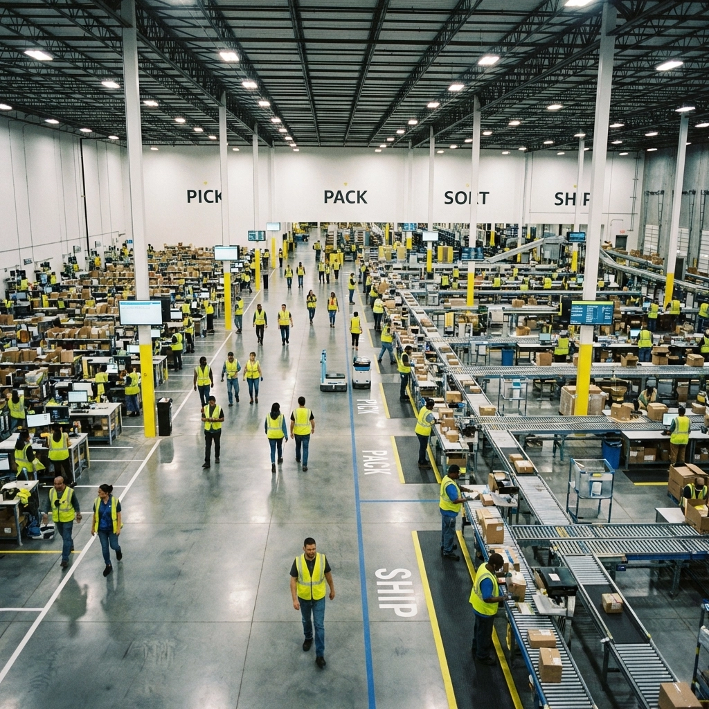 Wide-angle view of streamlined fulfillment center demonstrating optimized warehouse operations