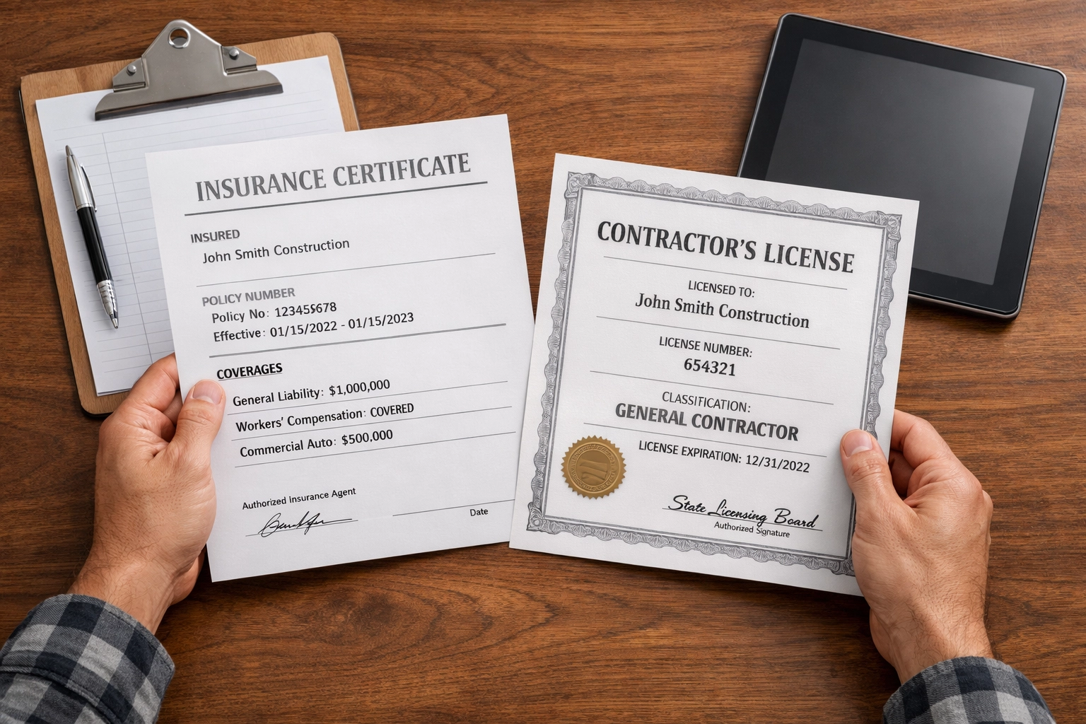 Contractor insurance documents and licensing certificates for Orlando remodeling