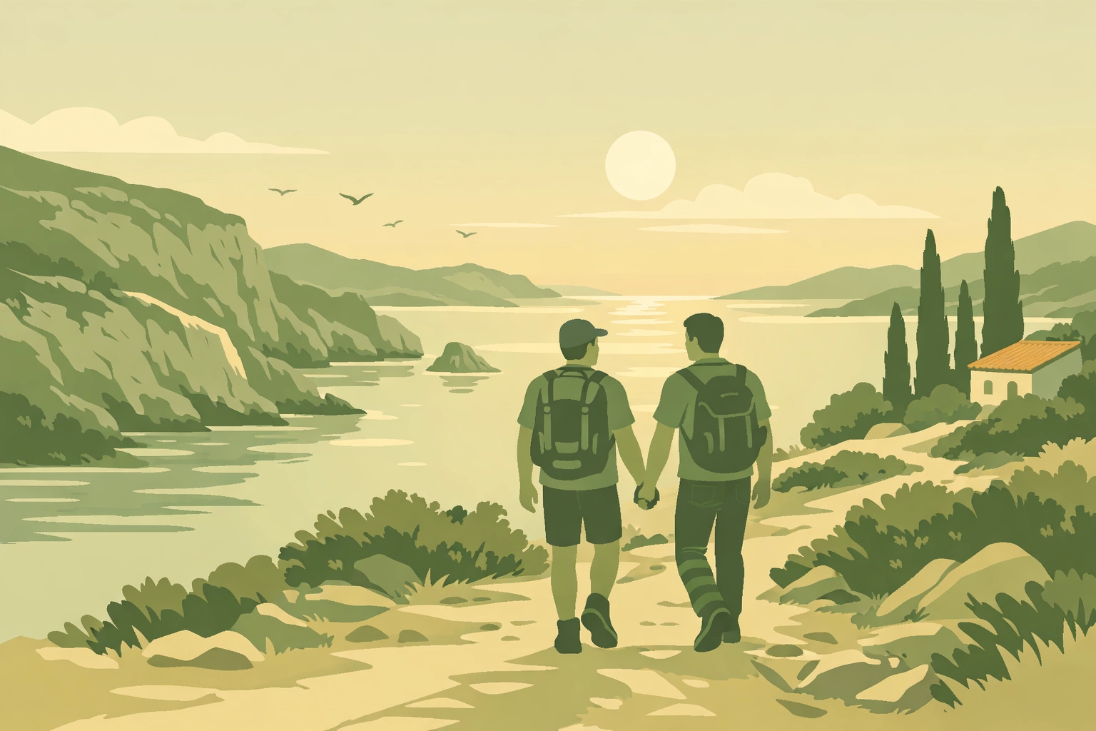 Gay married couple hiking Mediterranean coastal trail holding hands on honeymoon adventure