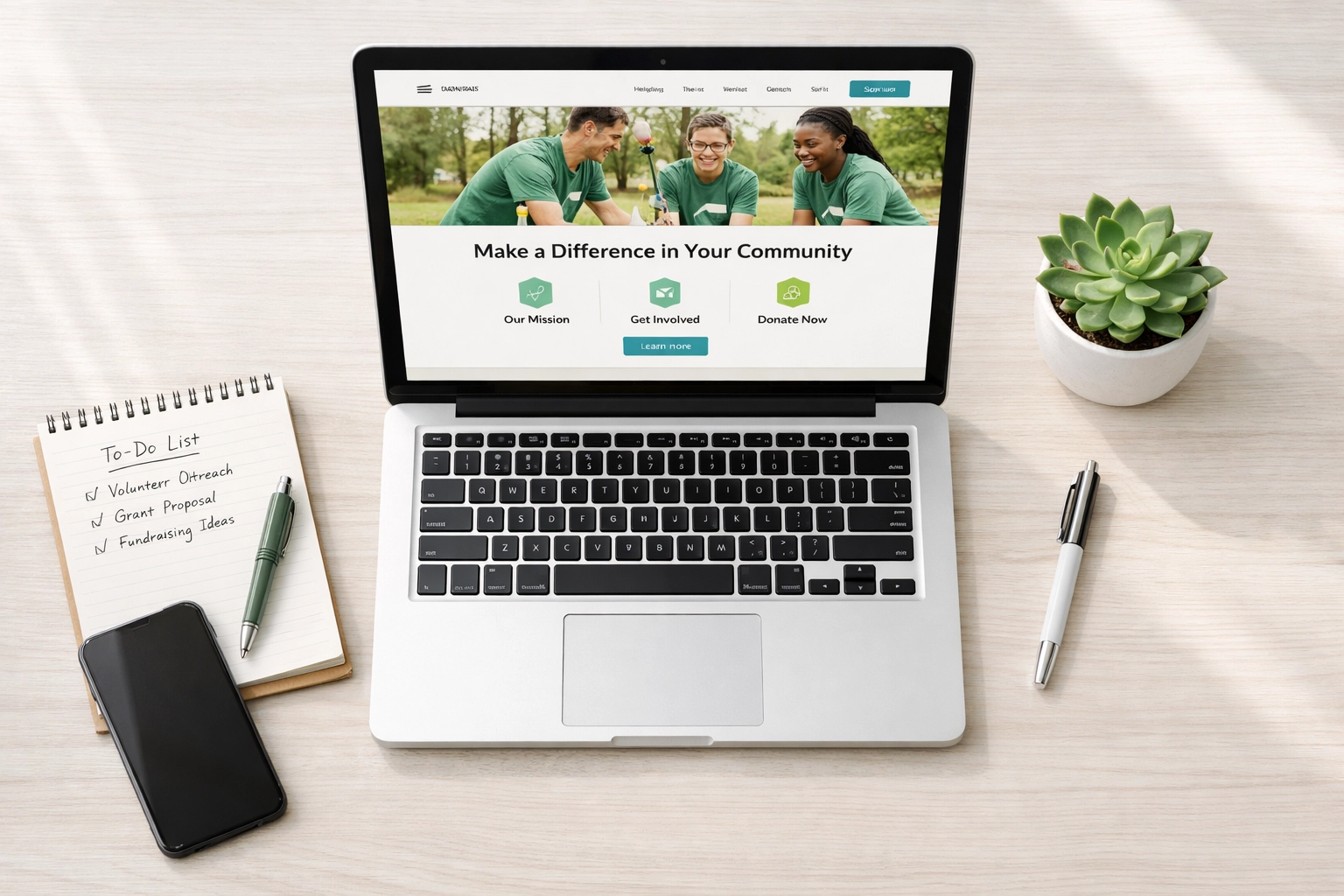 Nonprofit fundraiser's organized workspace with planned giving resources and donor data