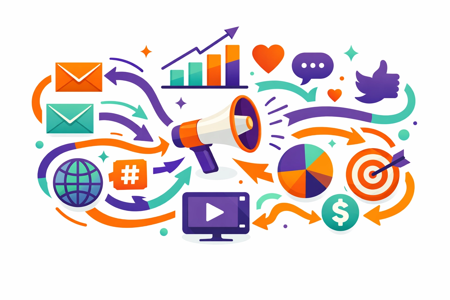 Digital marketing channels network showing email, social media, and growth strategies