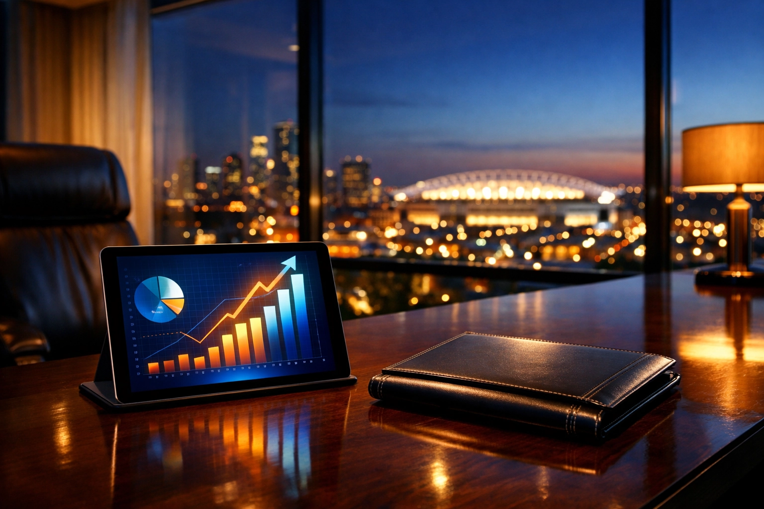 Executive office with data charts showing NIL strategy success overlooking a stadium at night.