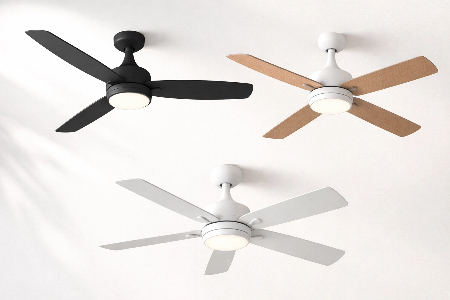 Three stylish modern ceiling fans ideal for efficient ceiling fan installation in Atlanta homes