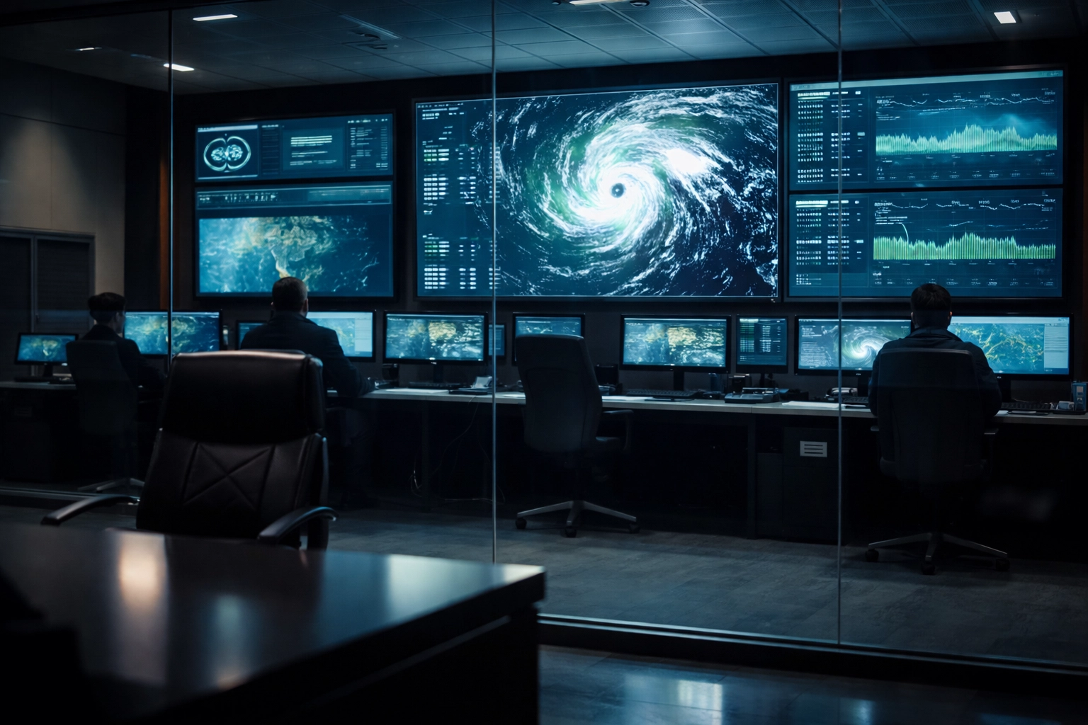 Modern emergency operations center monitoring weather and system dashboards, emphasizing business continuity planning during storms.