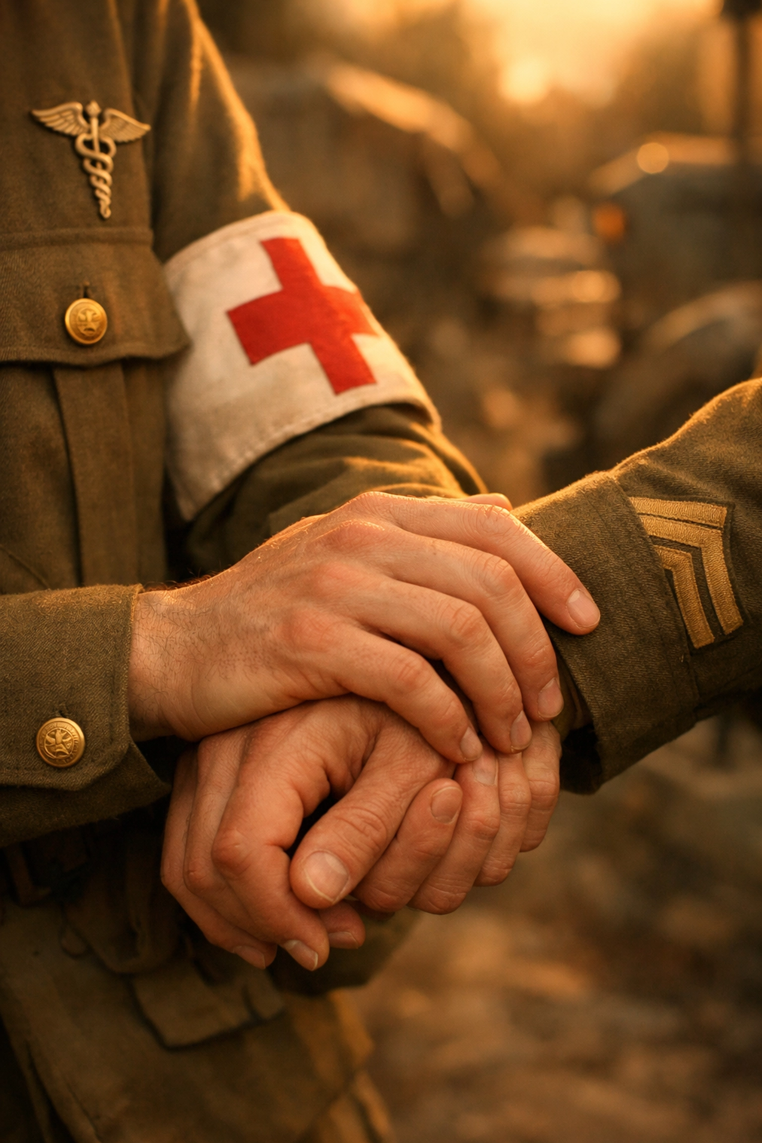 Gay military medics' hands showing secret wartime affection and hidden love