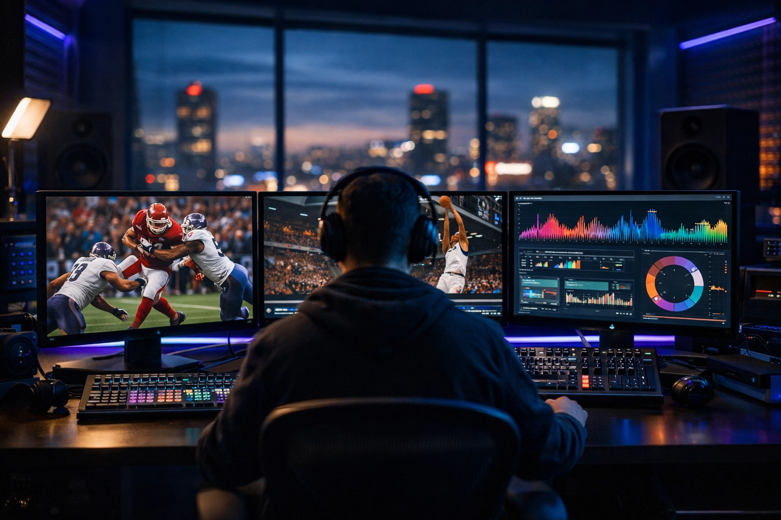 Modern sports media production suite showing real-time data analytics and creative optimization tools.
