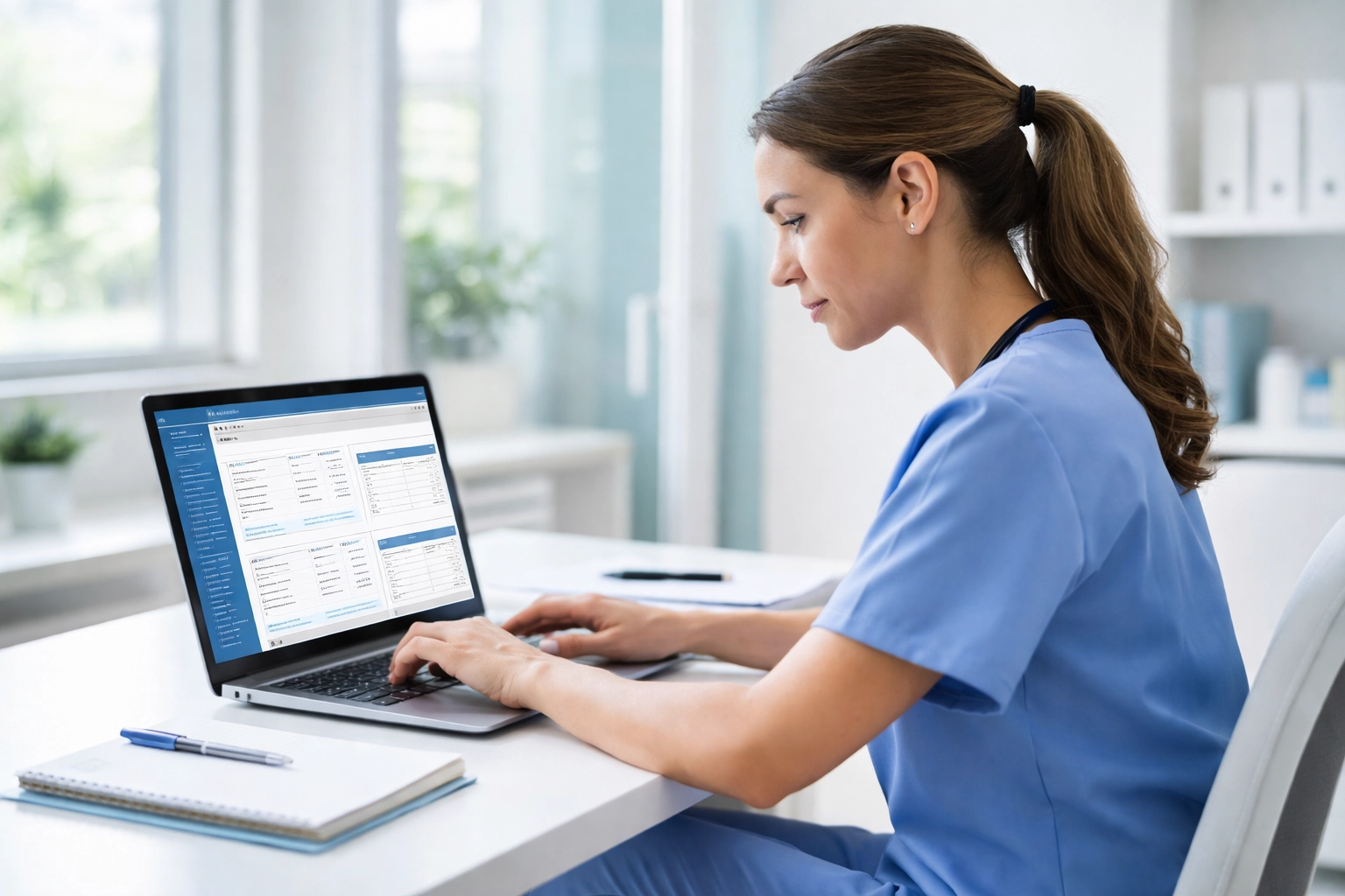 Clinician in modern office focused on AI documentation software, emphasizing the importance of proper training for time savings.