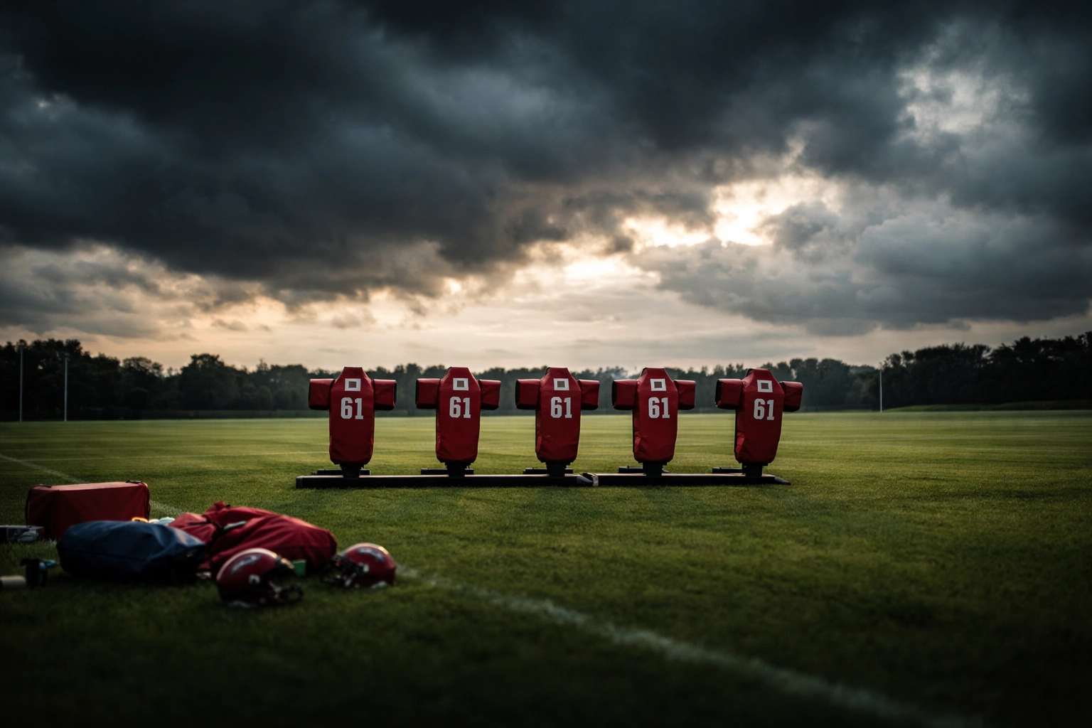 Empty offensive line positions and blocking sleds at sunset symbolize Ole Miss rebuilding its football roster depth