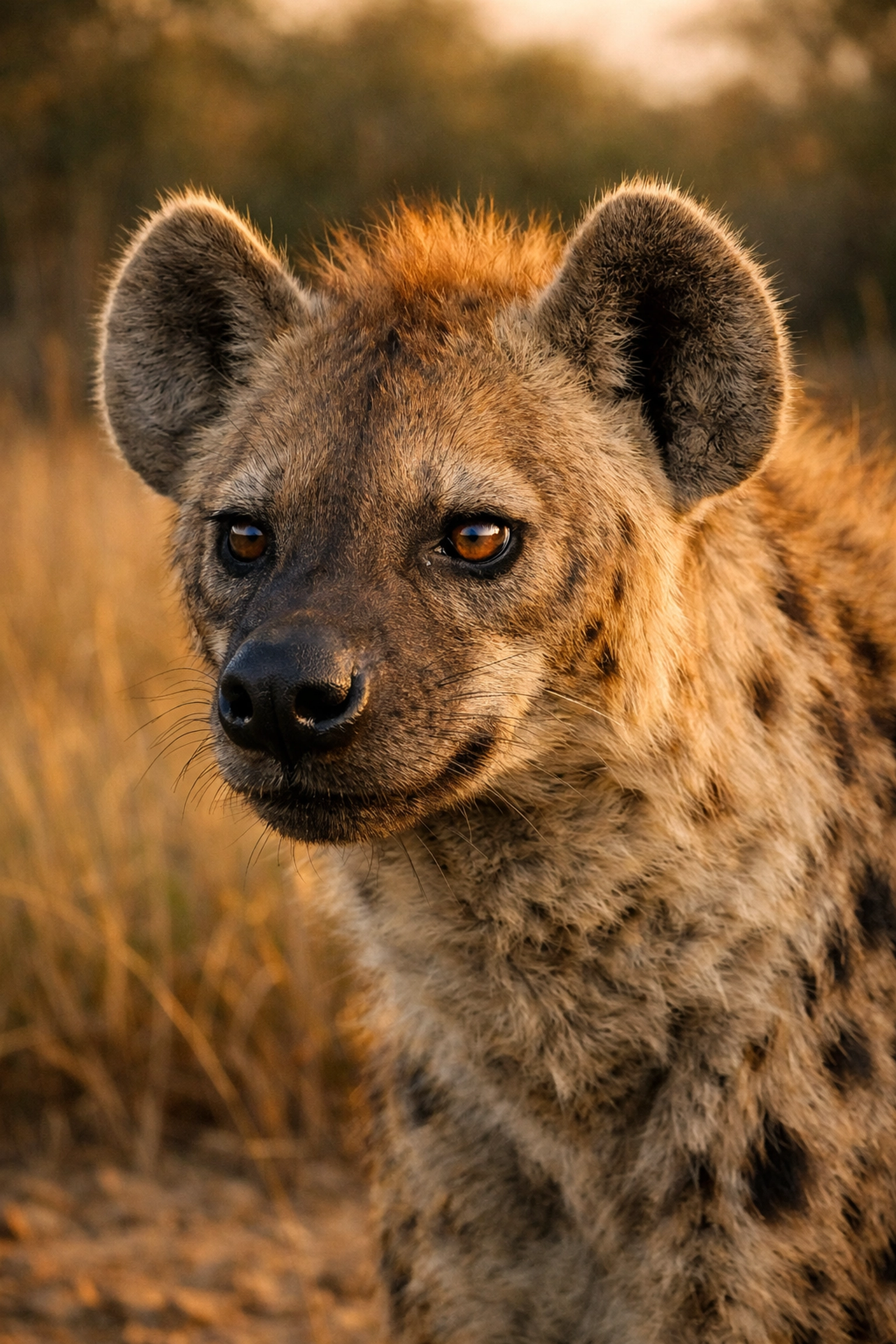 Close-up of a spotted hyena in a natural zoo habitat during golden hour for a species spotlight.