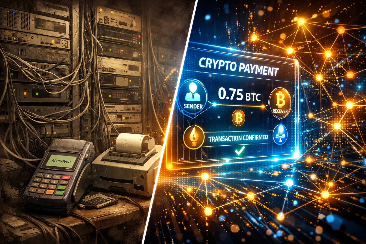 Legacy payment servers versus modern crypto payment infrastructure with blockchain network