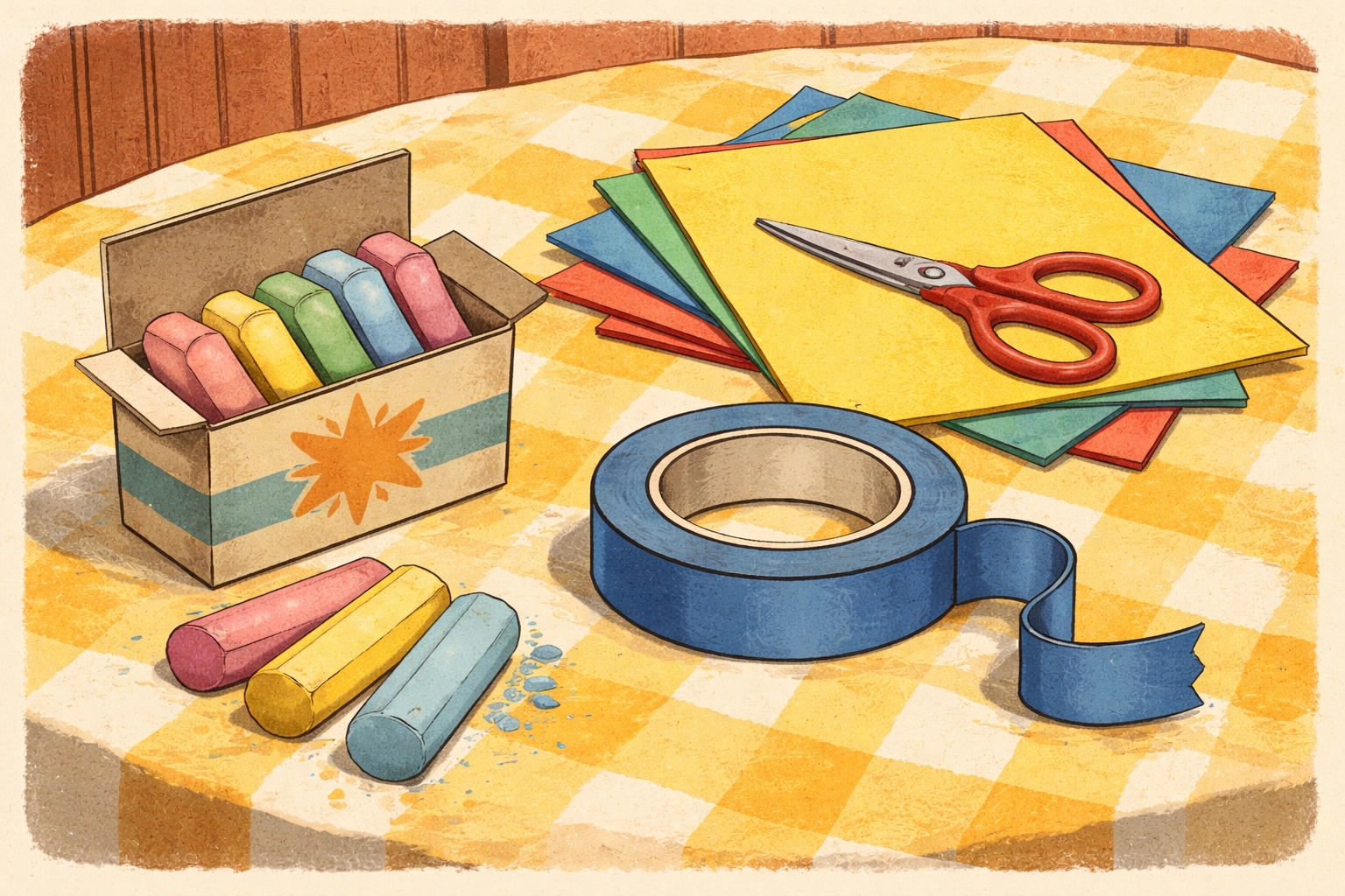 Art supplies for the Shape Challenge Game including chalk, painter's tape, paper, and scissors on a kitchen table