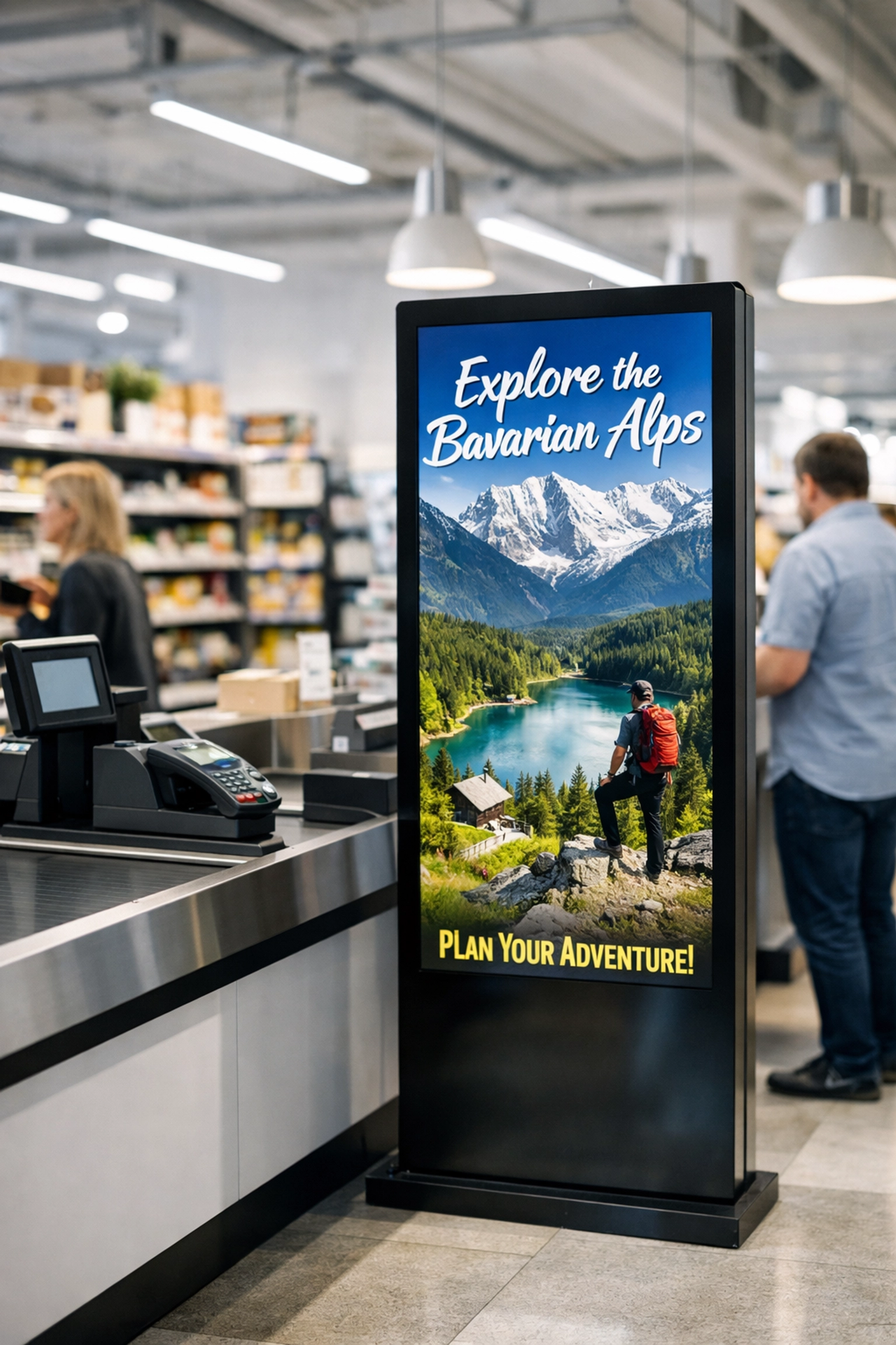 Hyper-targeted digital signage display at a high-end grocery store checkout in Munich.