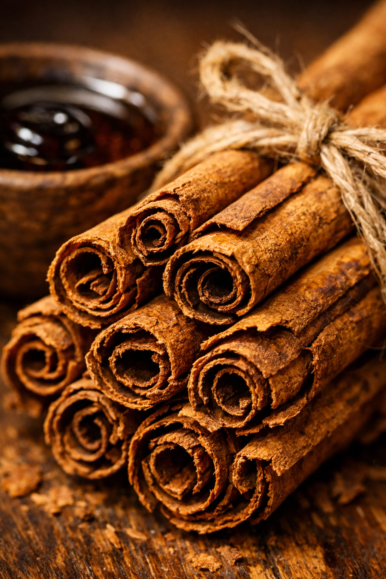 Close-up of multi-layered H1 grade Ceylon cinnamon quills with a jar of raw forest honey.