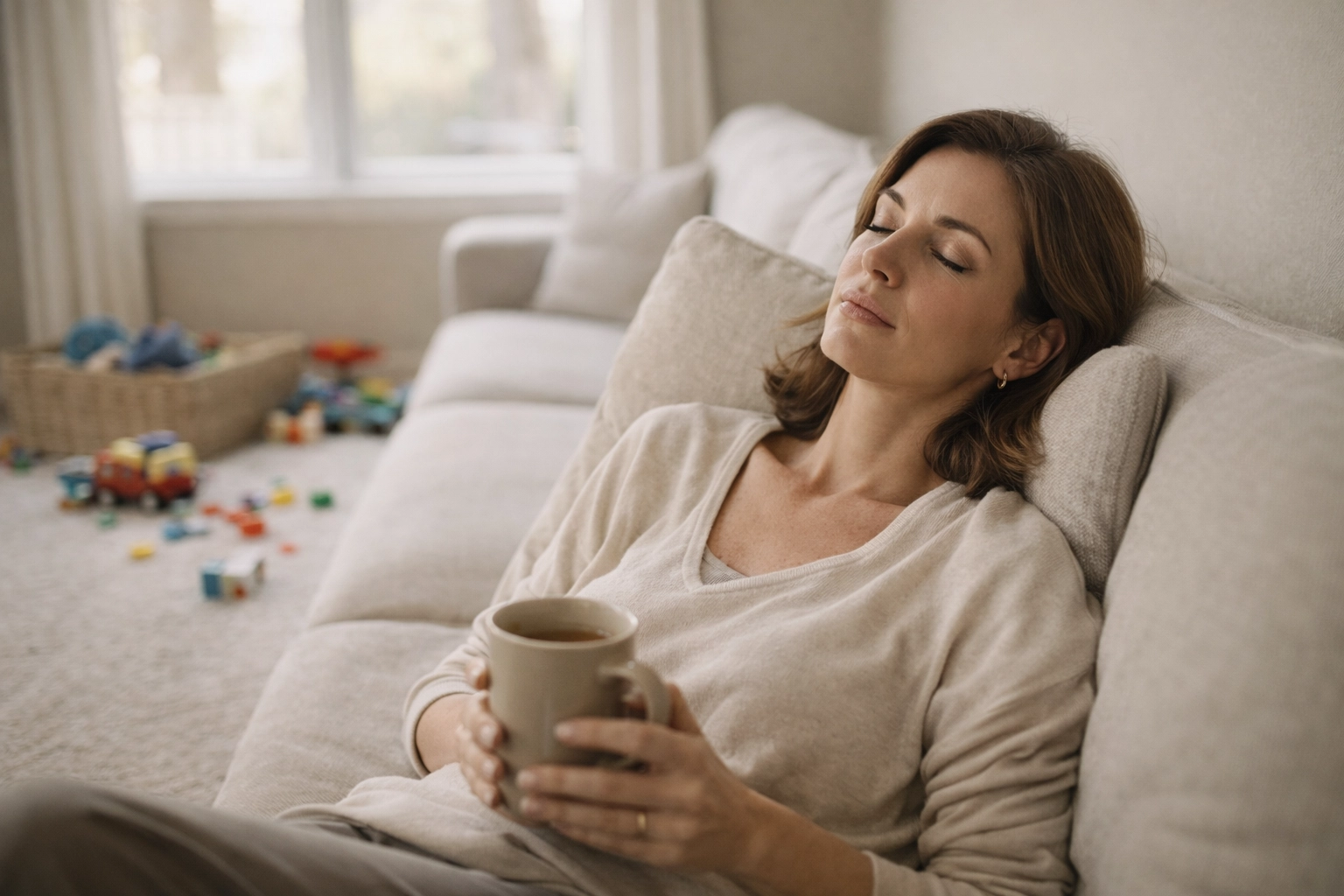 A mom sitting quietly with a neutral expression, resting and resetting.