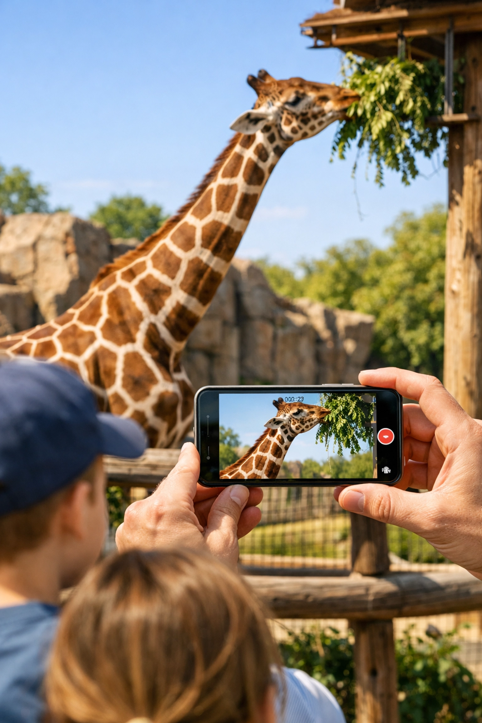Visitors filming a giraffe at a zoo exhibit to share on social media, driving digital engagement.