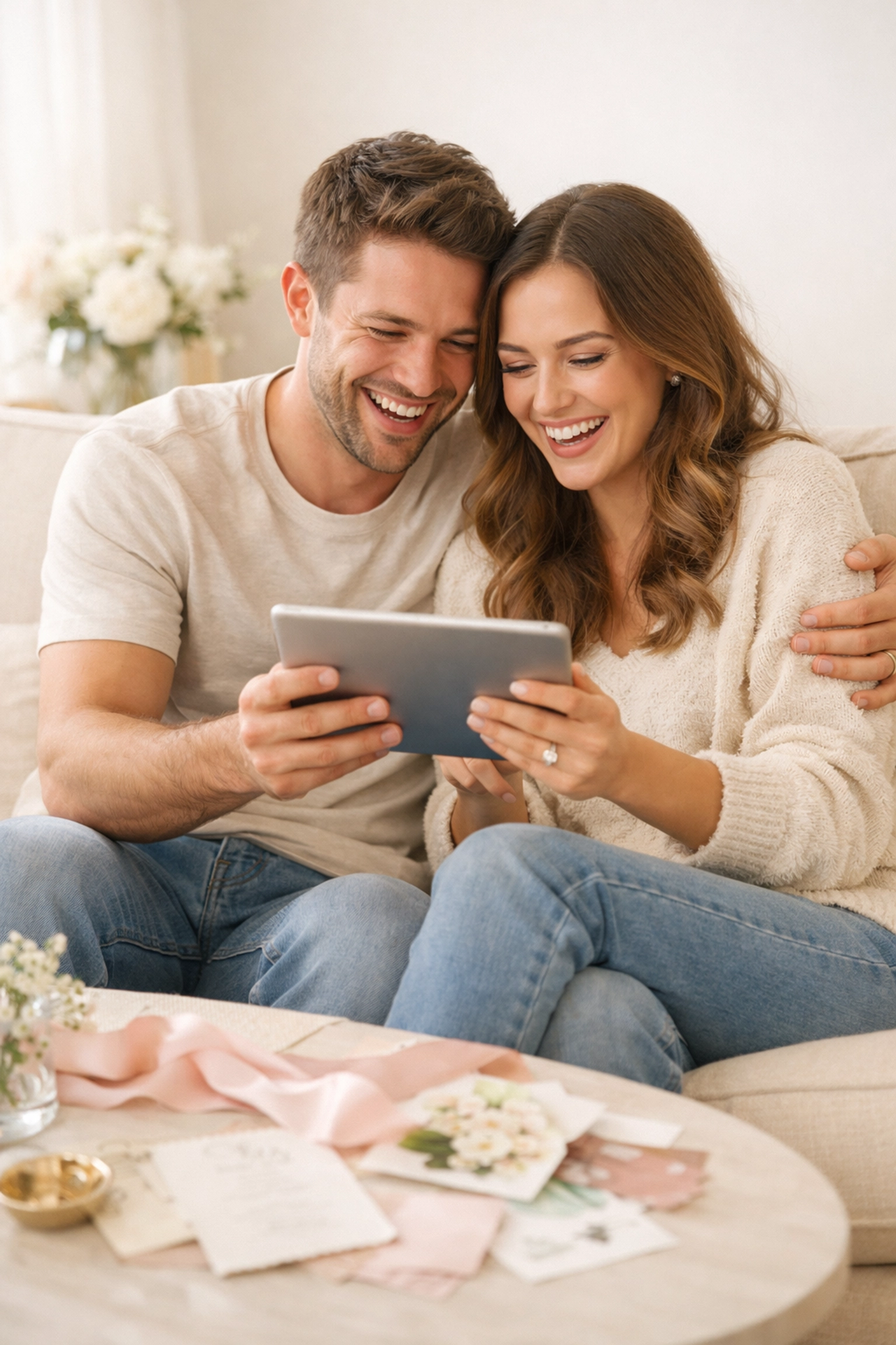 Engaged couple using a tablet to track guest contributions for a debt-free, fully funded wedding.
