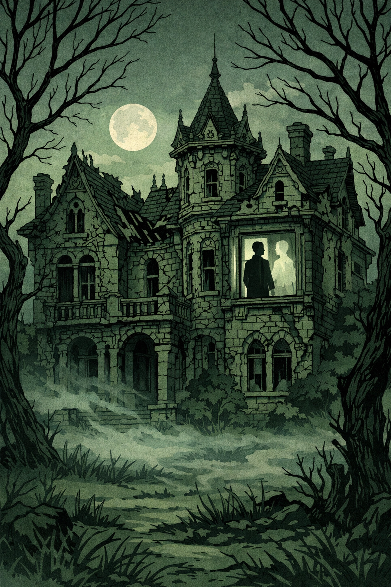 Blackwood Manor at twilight with two men in window - MM gothic romance paranormal fiction