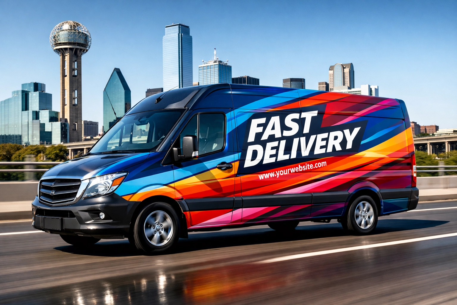 Professional custom vehicle wrap on a delivery van driving in Dallas for mobile advertising.