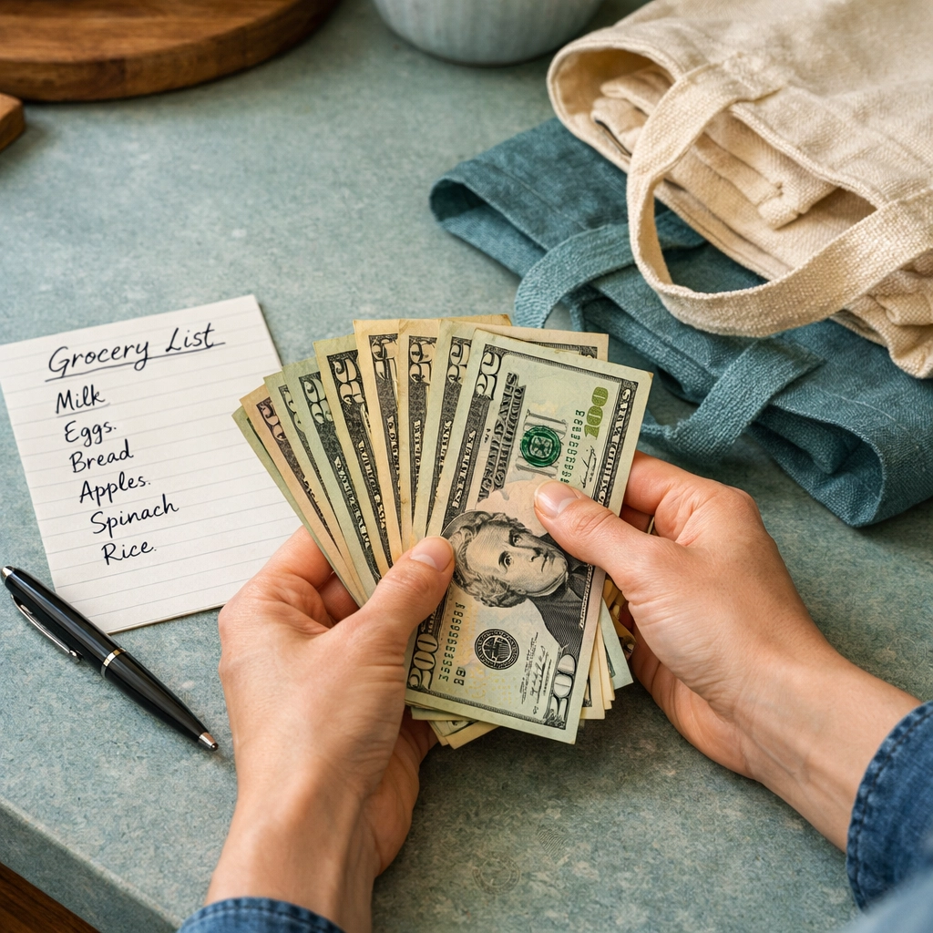 Hands counting cash bills with grocery list for budget-friendly shopping