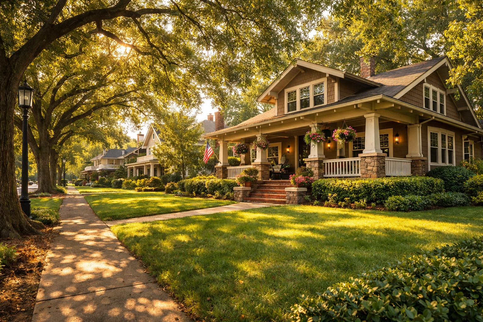 Charming craftsman-style home on a tree-lined street in a peaceful Greensboro or Winston-Salem neighborhood.