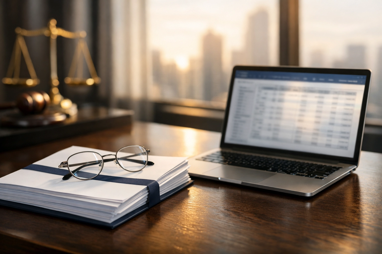 Professional legal workspace with evidence documents prepared for an international investigation.