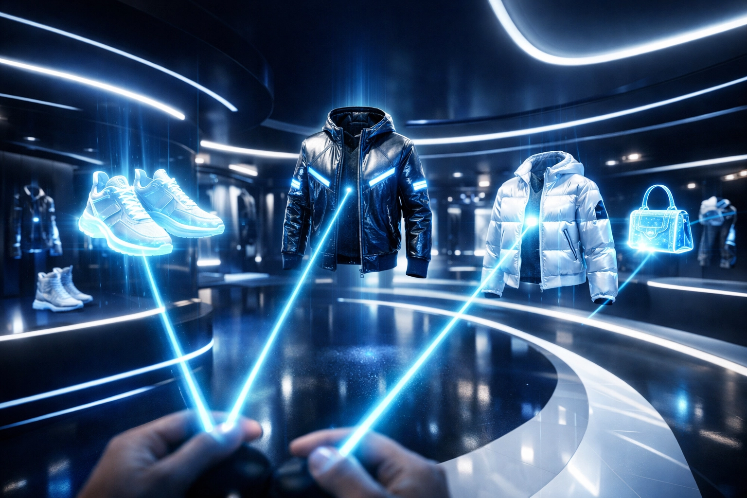 Metaverse shopping experience showing Larecoin AI spatial intelligence and holographic fashion in a 3D storefront.