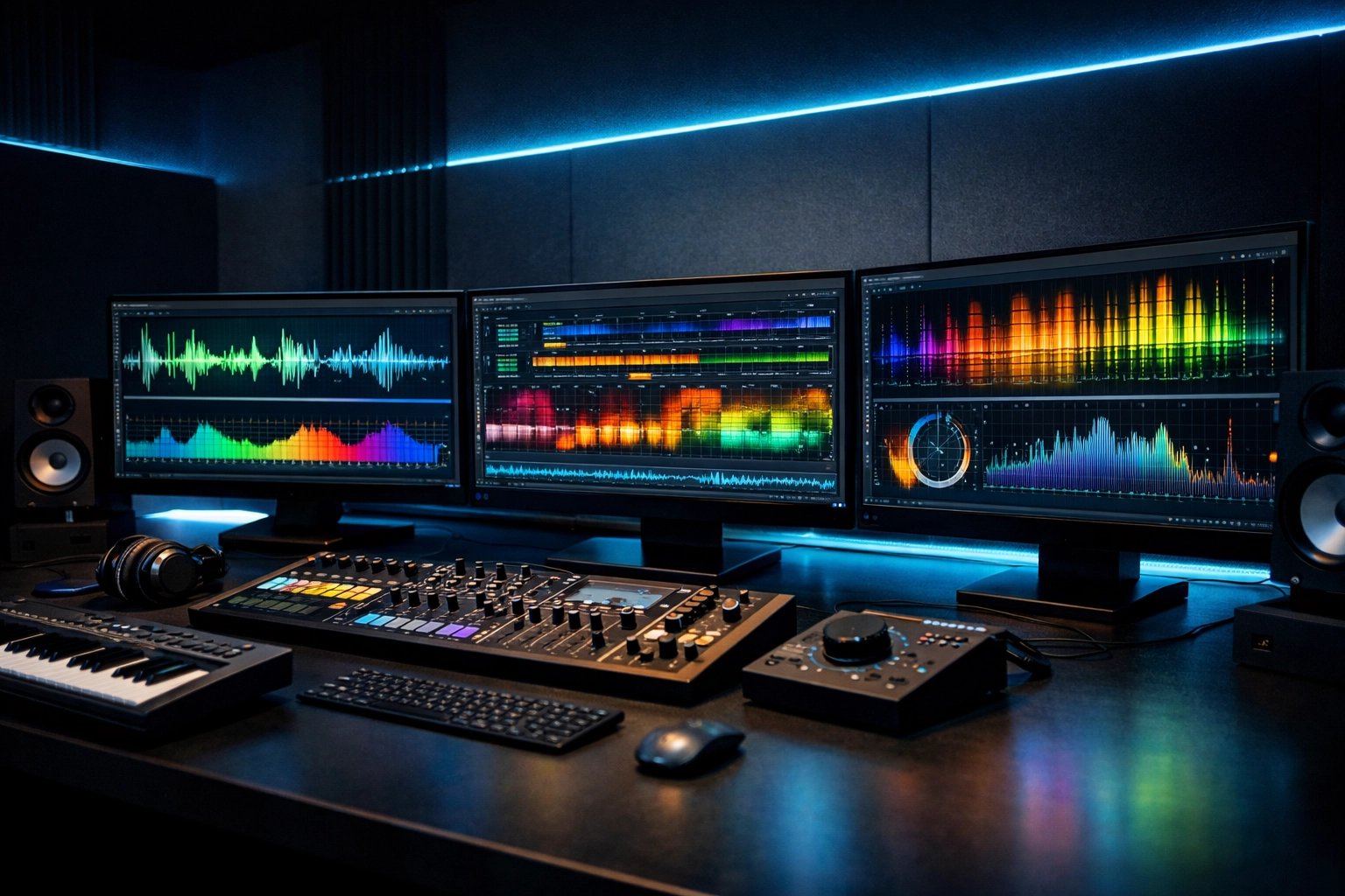 High-tech music production suite with monitors displaying data analytics for a targeted music marketing plan.